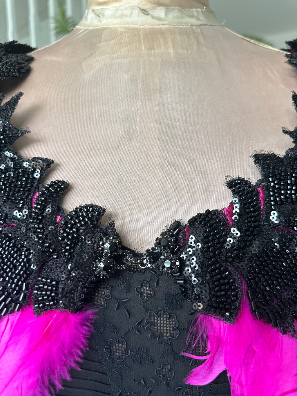 1930s vintage style hot pink cerise pink feather cape  with black embellishment