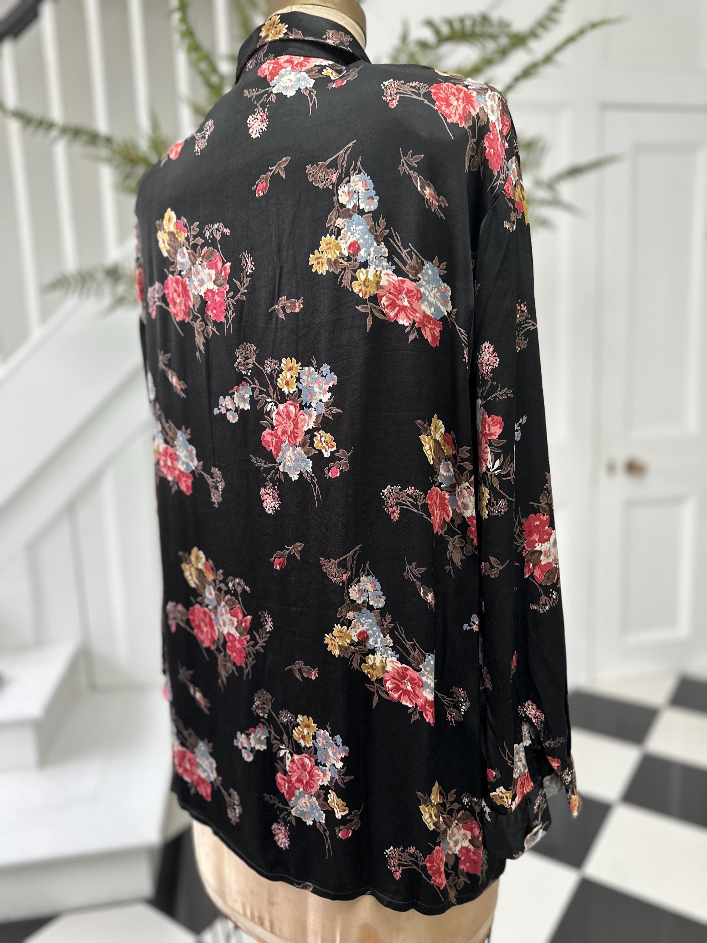 1980s Satin Black Floral Long Sleeve Blouse Vintage Chic