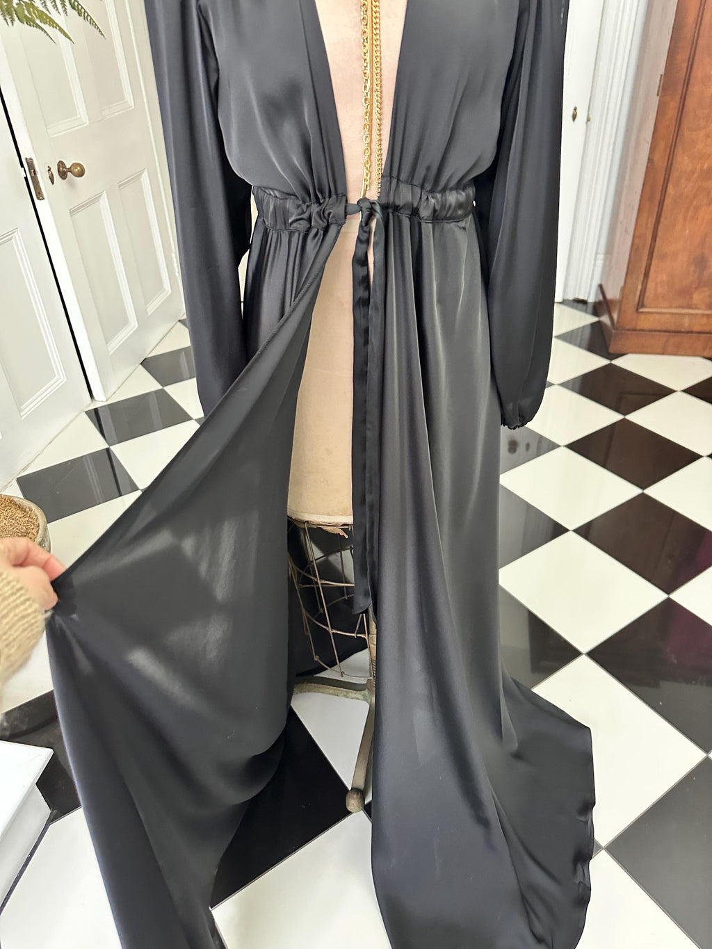 Vintage 1940s style black maxi gown robe with ostrich feather