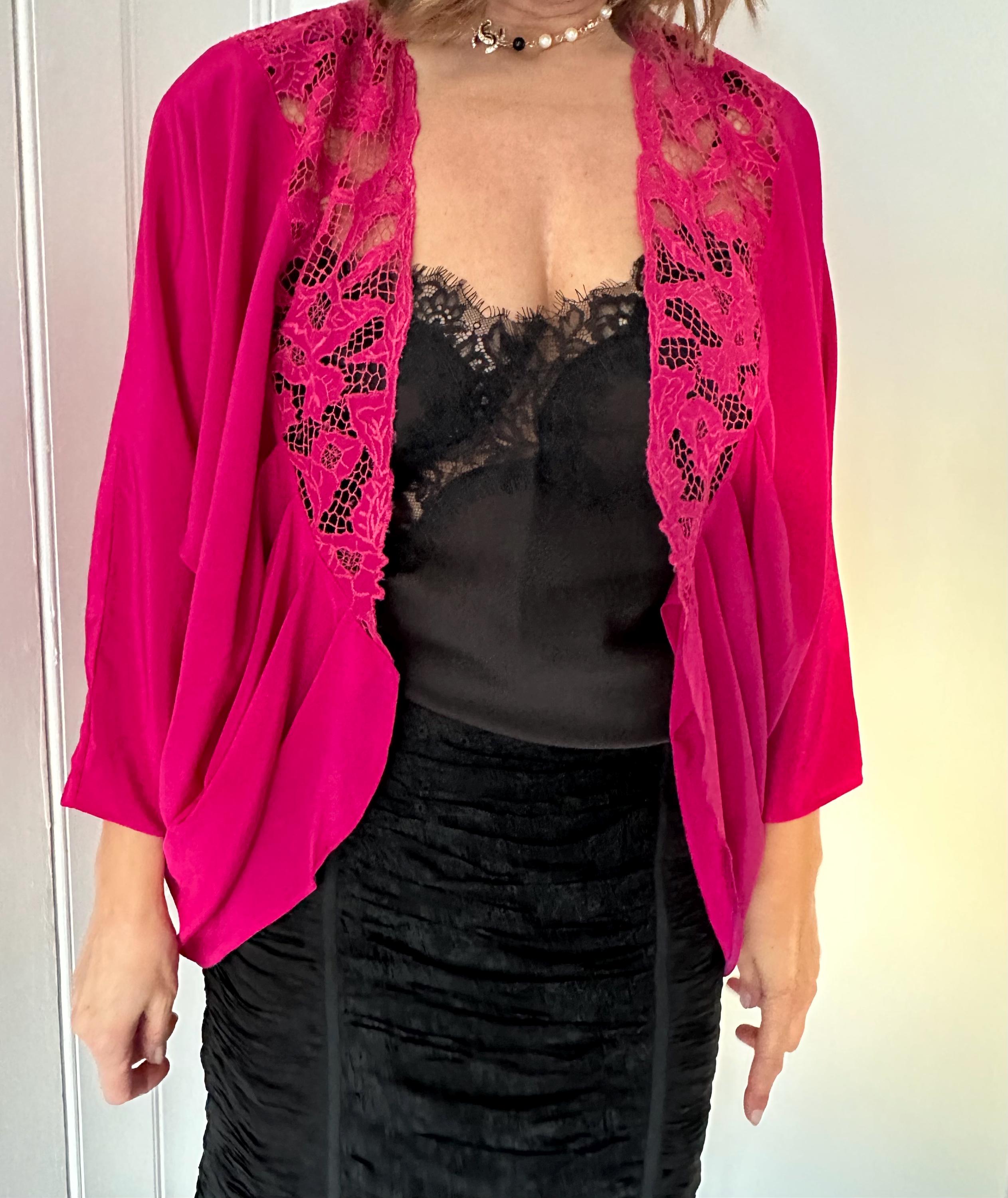 Vintage 1980s fuchsia lace trim bolero evening jacket