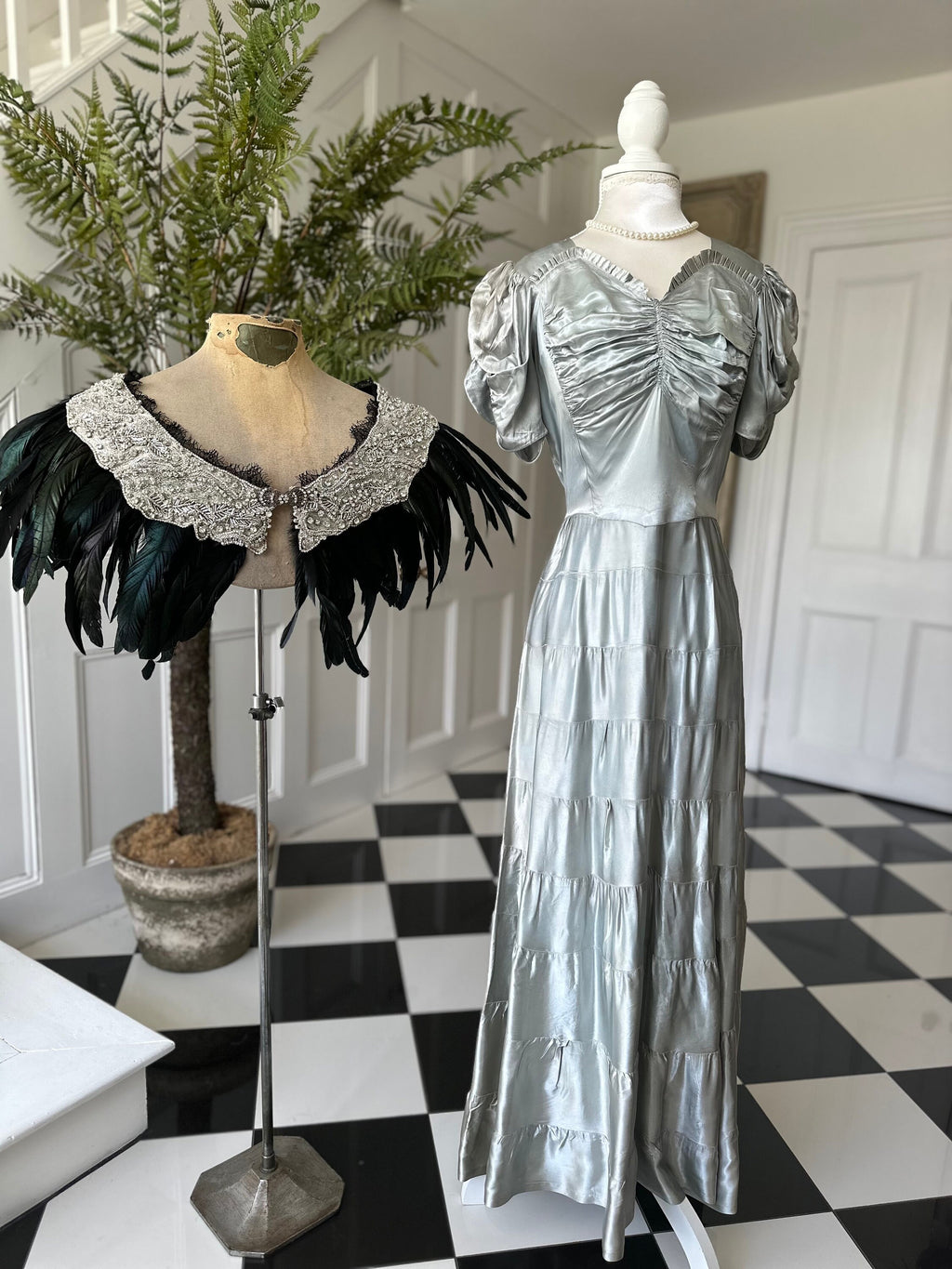 1920s 1930s vintage style feather cape with embellished and dark green cape shawl