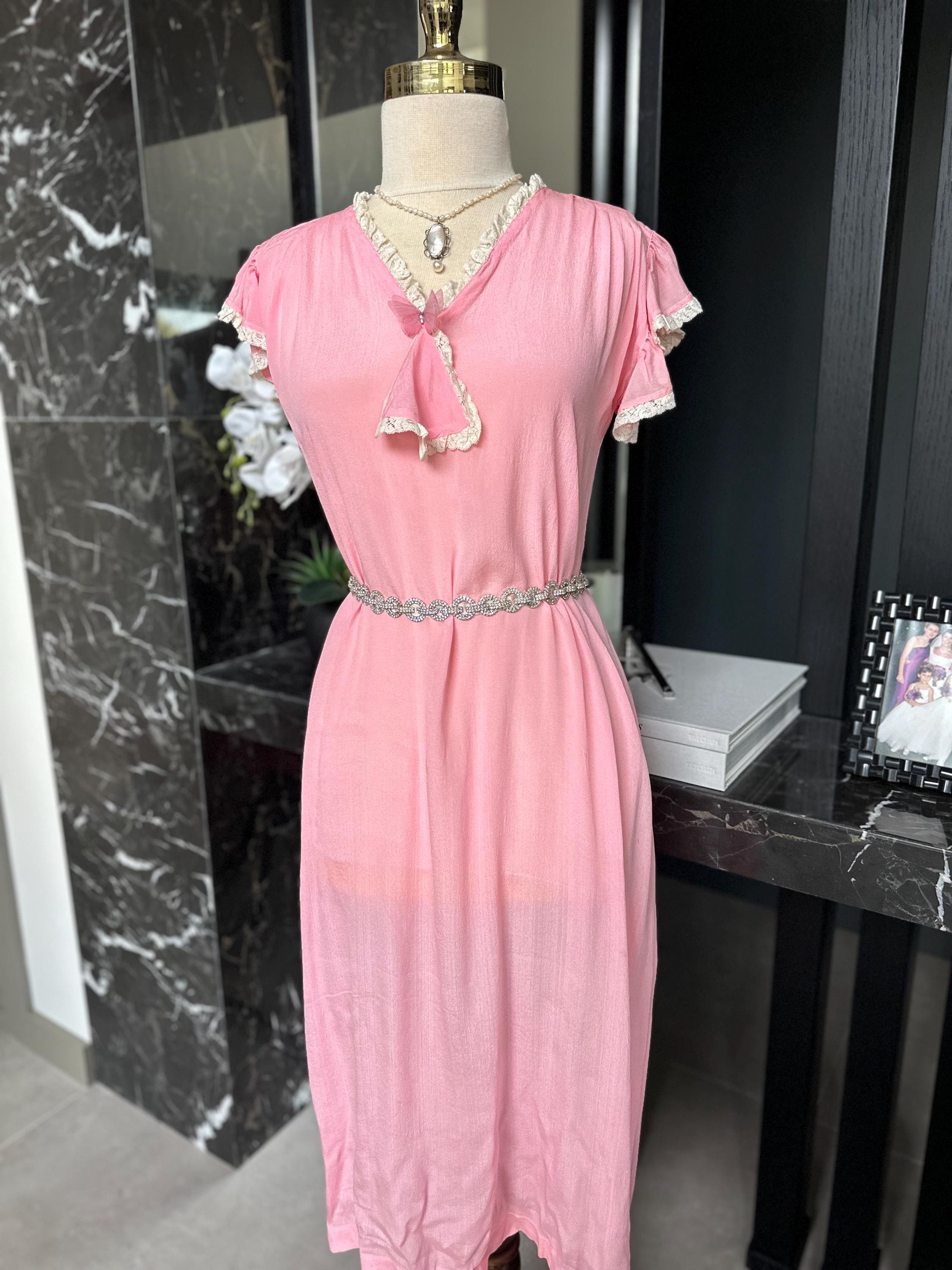 1930s Pink Silk Gown | Lace Ruffle Sleeve Slip, Antique Crepe Nightgown