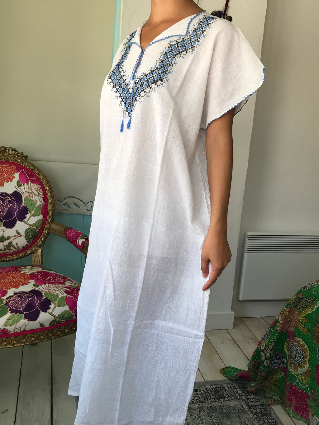 1970s hand loomed boho style  muslin dress with hand embroidered to the front