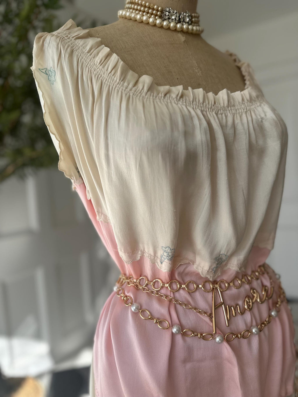 1930s Two-Tone Silk Gown: Pink, Cream, Hand-Embroidered, Scalloped Maxi Dress