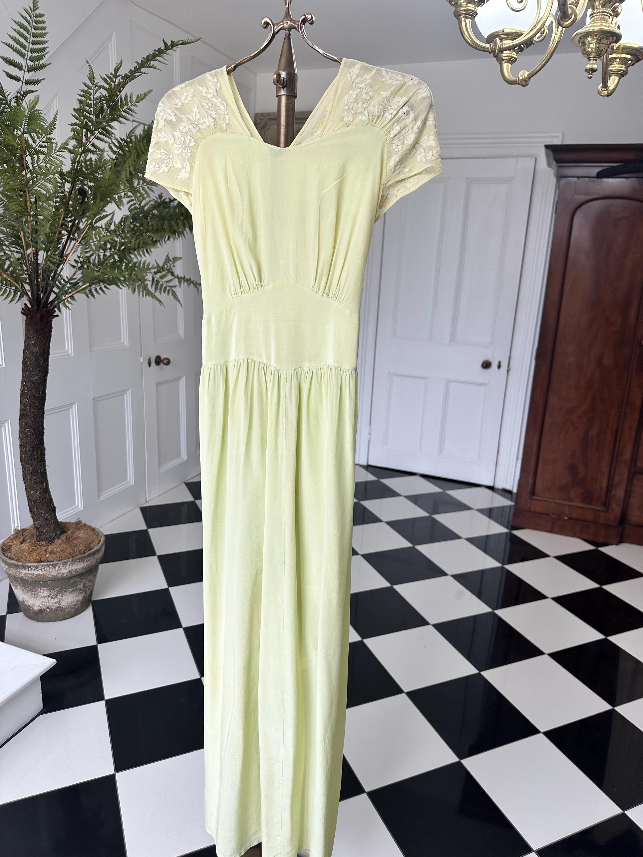 1940s Vintage Silk  Hand Embroidered Dress in mint green