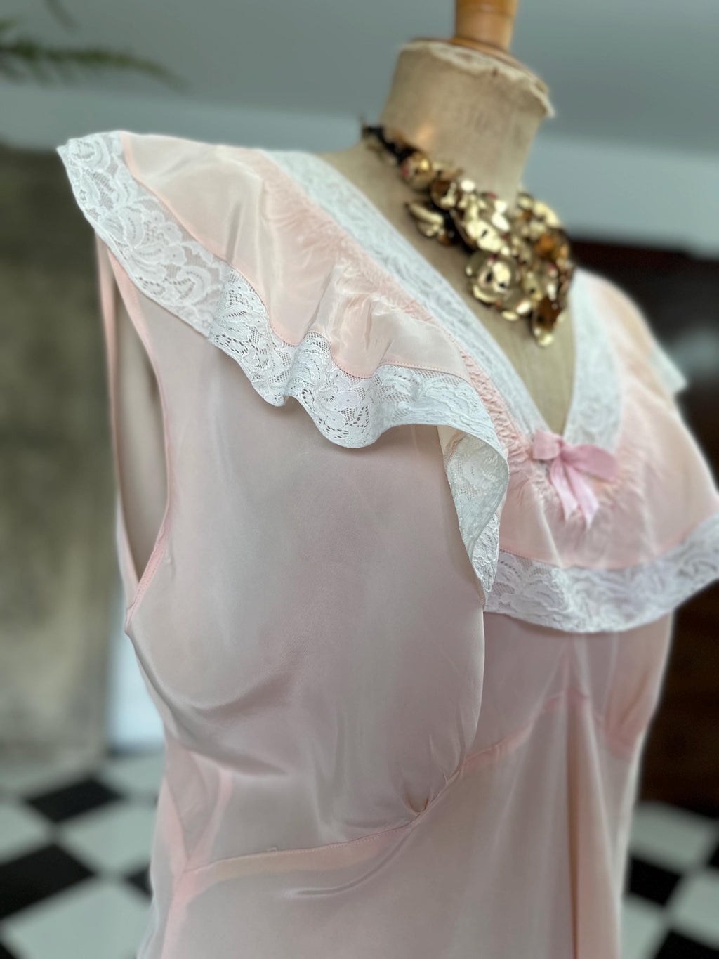 1930s Pale Pink Slip Dress: Vintage Bias Cut with Cream Lace