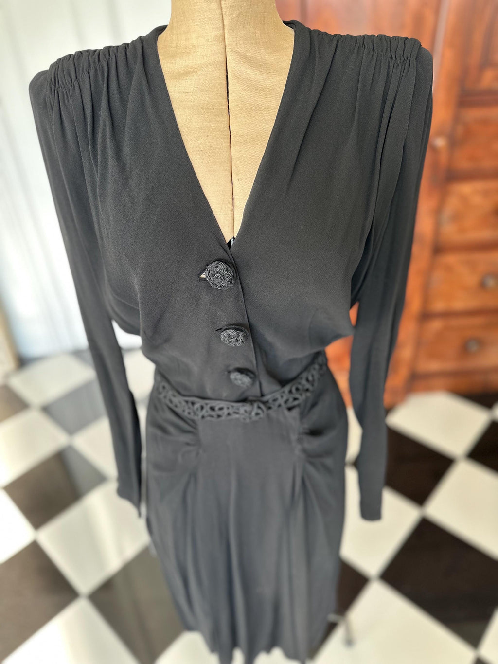 Chic 1940s Black Georgette Dress Embroidered Buttons and Matching Belt set