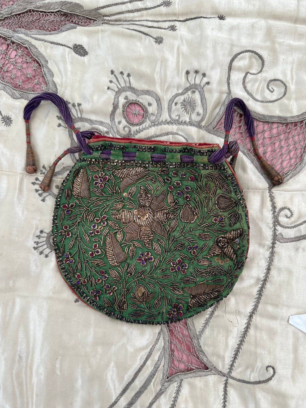 Antique Zardozi Purse: 19th Century Emerald Green Satin Coin Purse