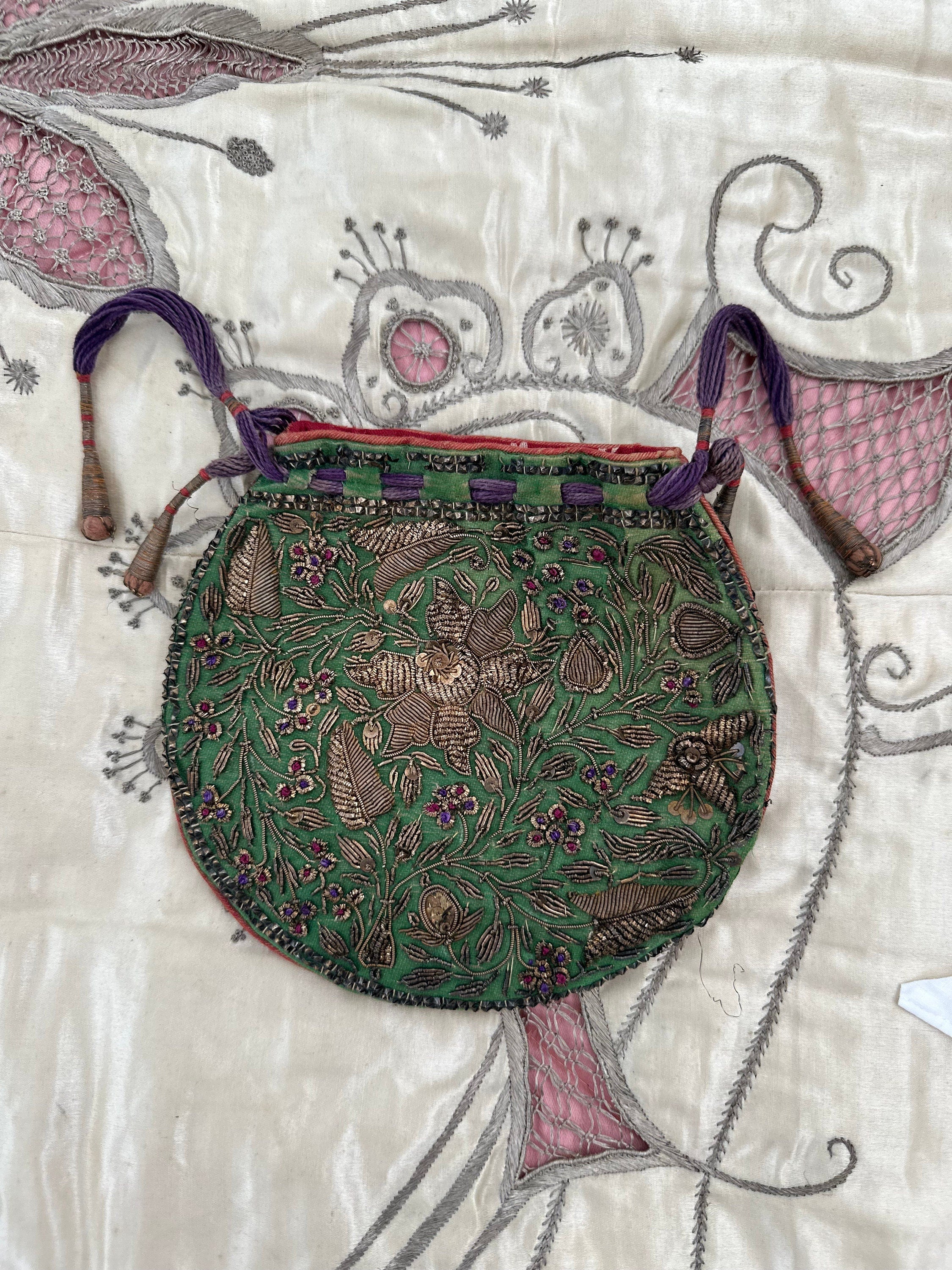 Antique Zardozi Purse: 19th Century Emerald Green Satin Coin Purse
