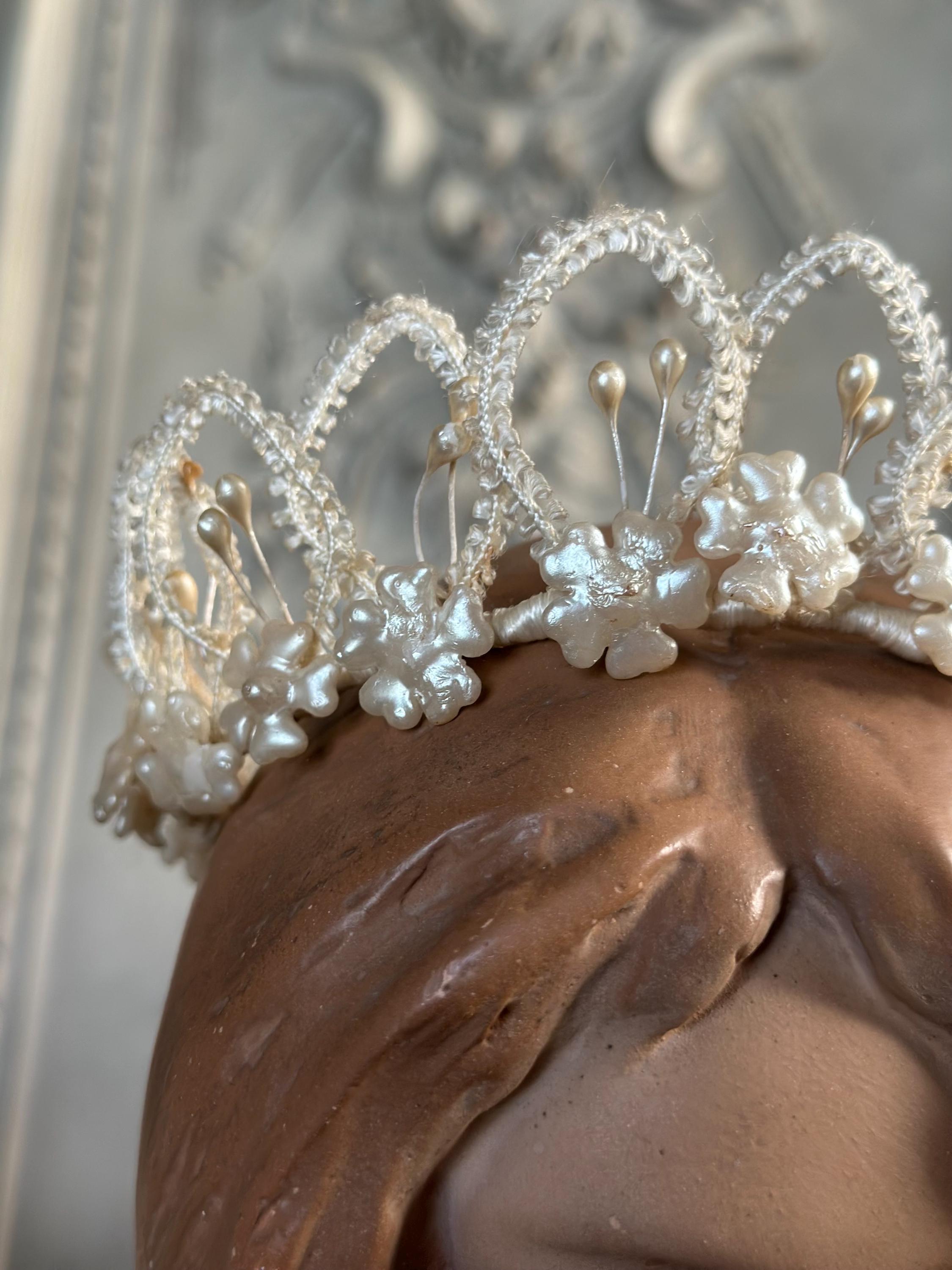 Antique 1950s  Floral Wax with ribbon tiara crown