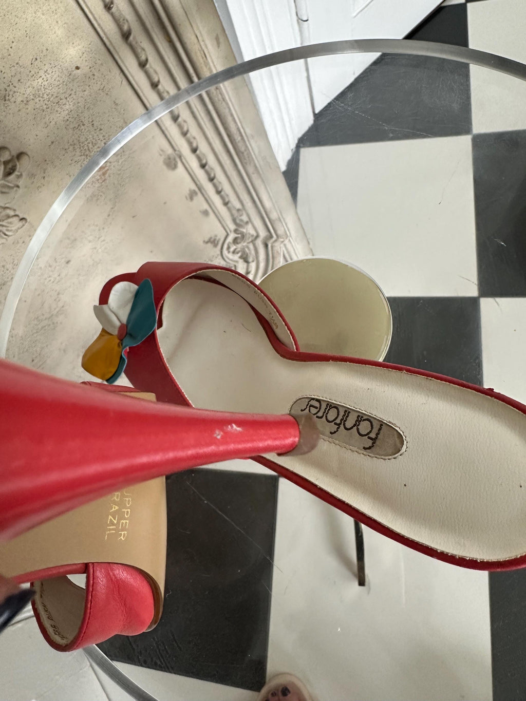 Vintage 70s Red Leather Heeled Slippers with 3D Flower - UK 4 (37)