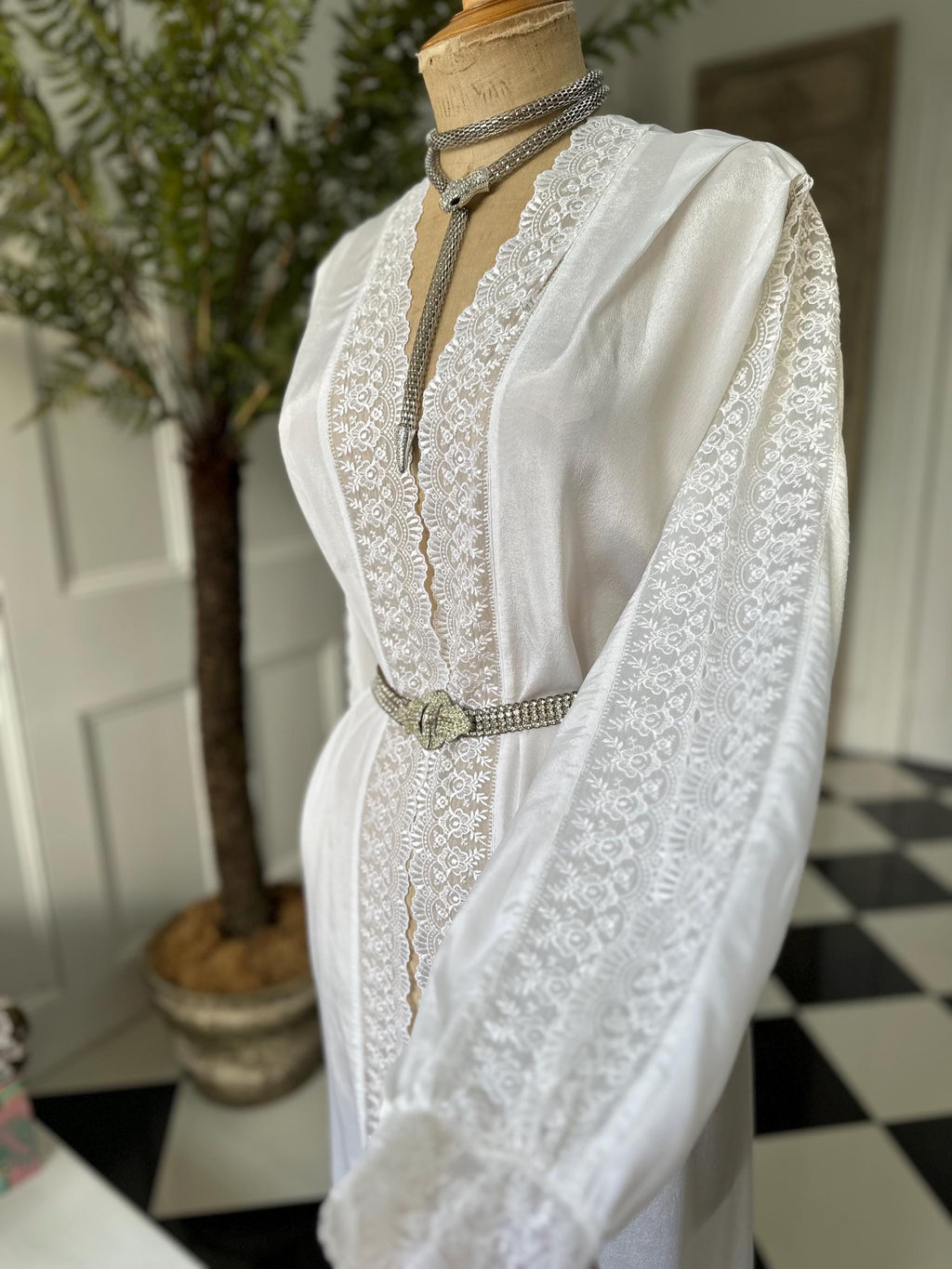 1970s Silky white long gown with lace details