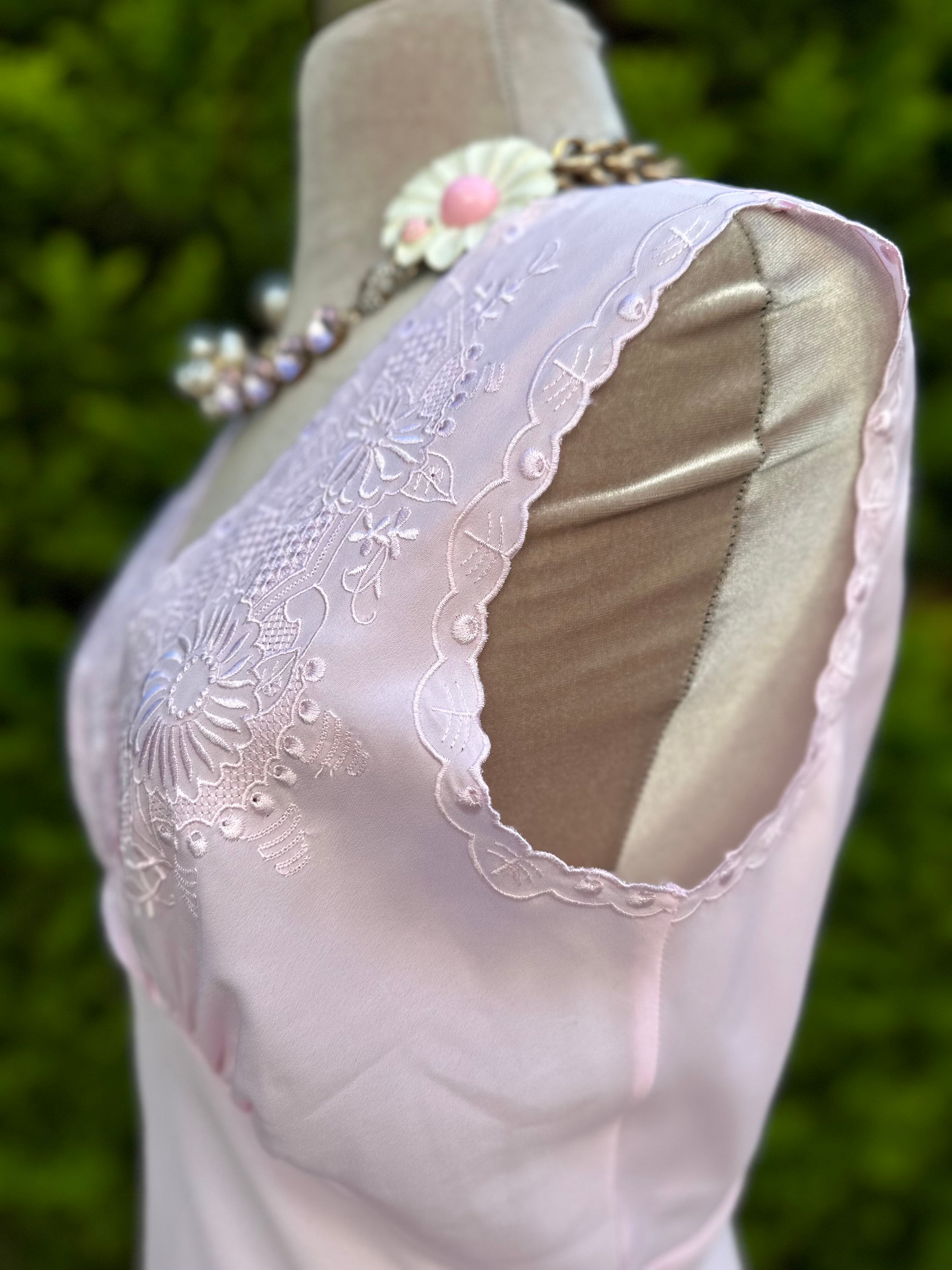1970 Vintage long pink slip dress with a crossover top with embroidery details