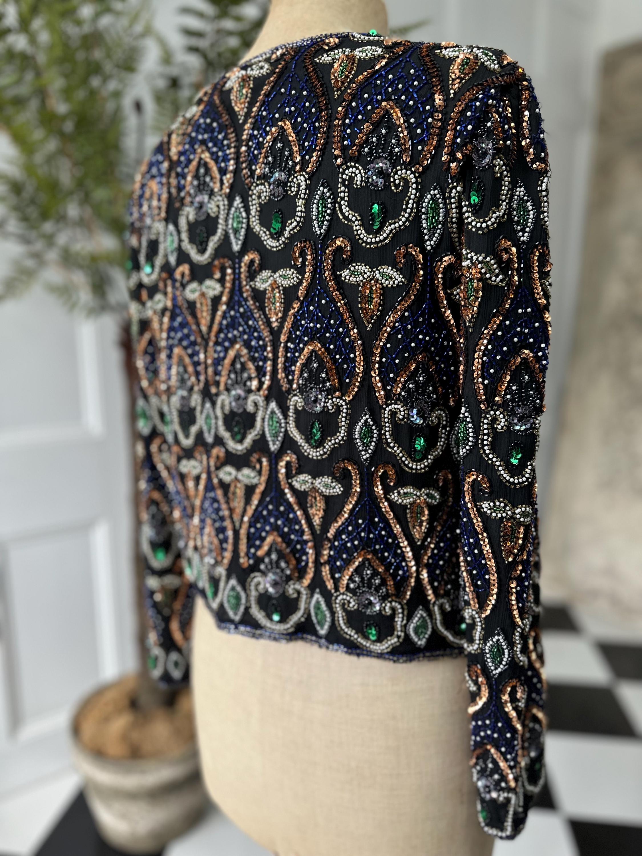 1980 Silk jacket with blue bronze pearl sequin long sleeve