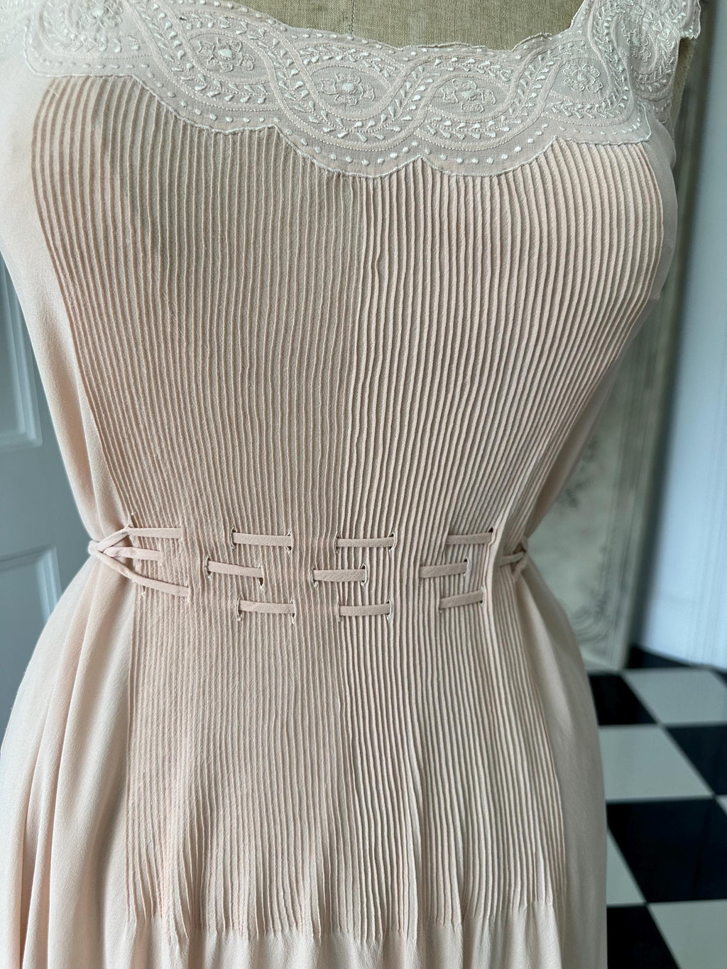 1930s Silk Crepe Gown: Hand-Embroidered Lace, Bias Cut Maxi Dress