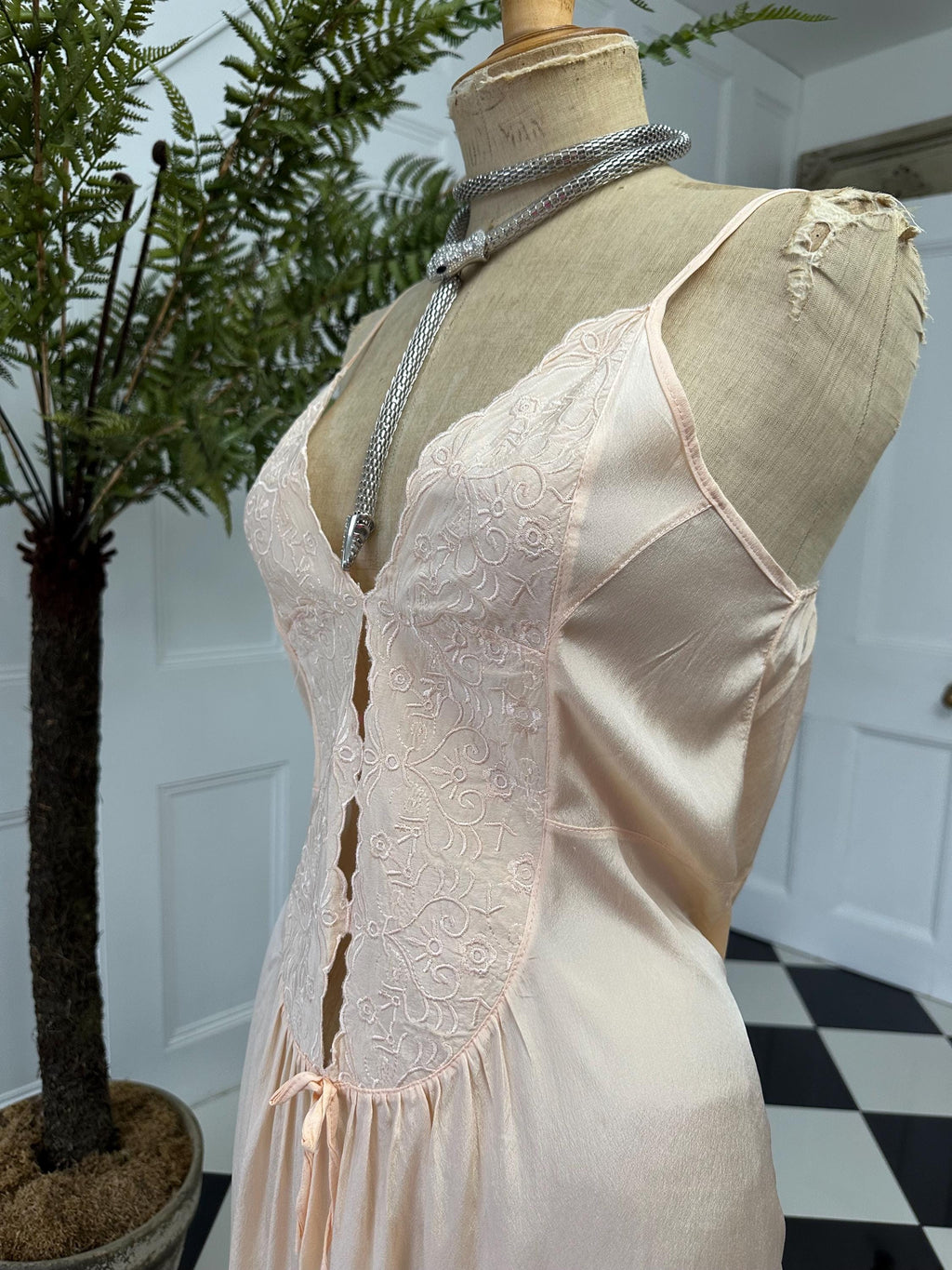 Vintage 1970s Peach Strappy Slip Dress with Heavy Embroidery