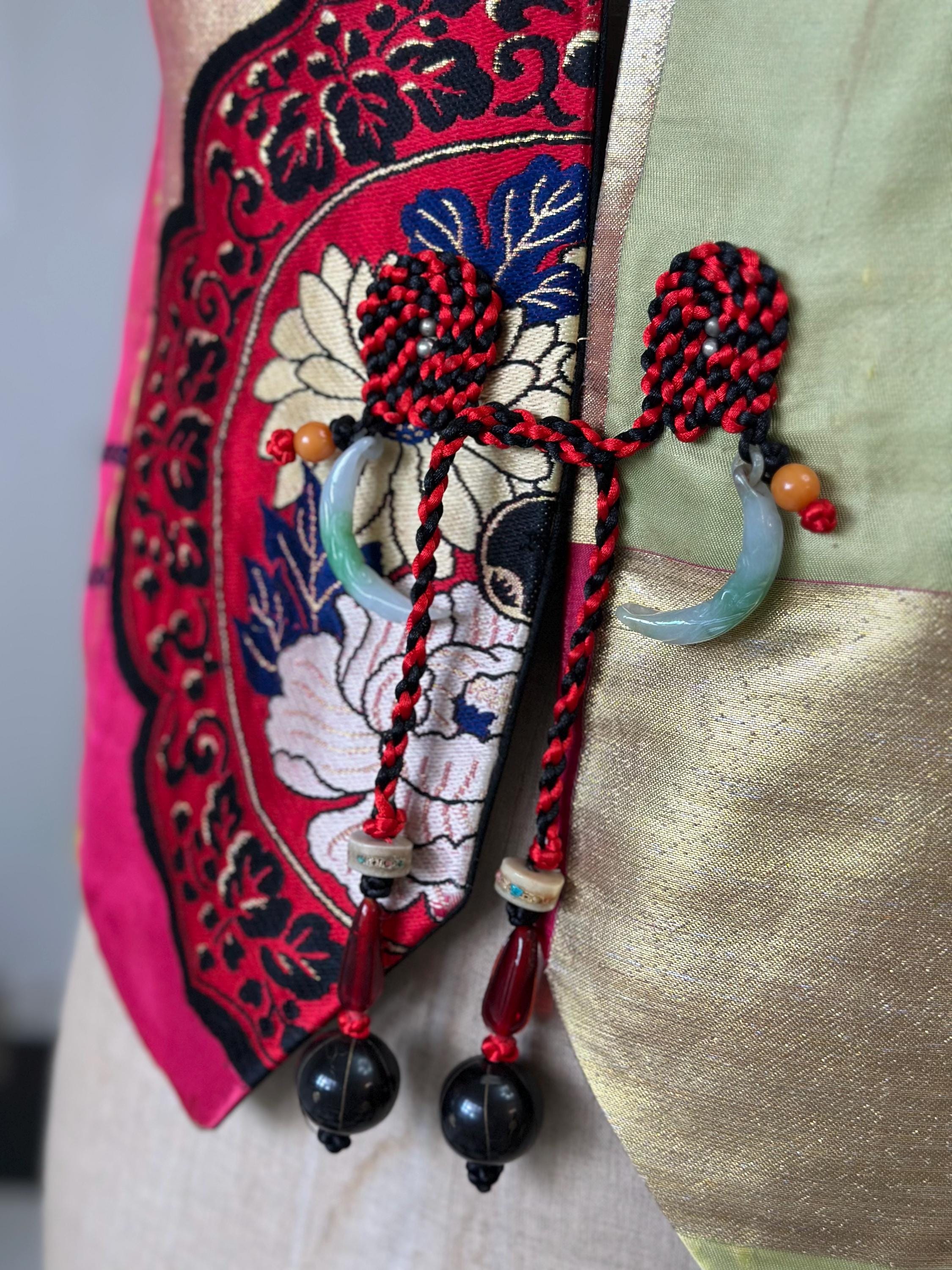 Vintage reversible  silk Japanese jacket waistcoat with jade stone