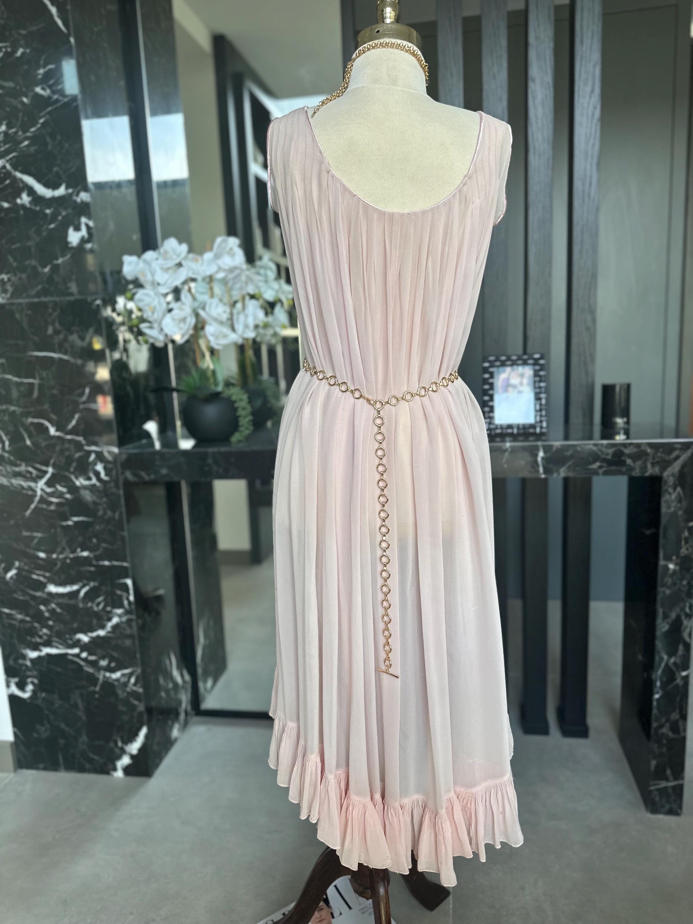 Antique 1920s-1930s Pink Silk Pleated crepe sheer Gown – Authentic Art Deco Floral Trim Maxi