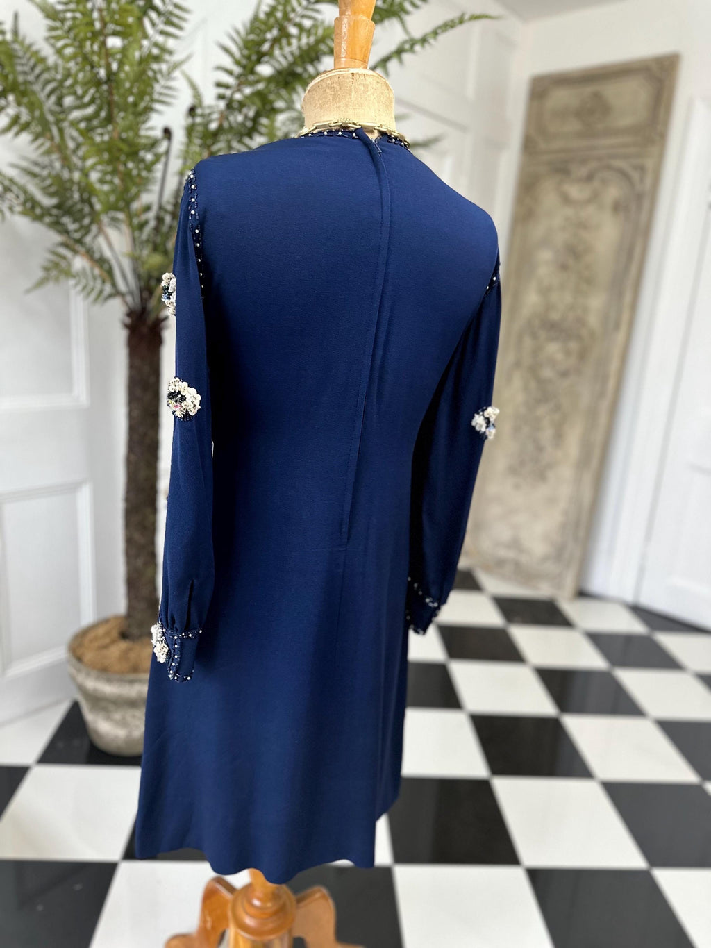 1970s Navy blue silk sequin and beaded knee length evening dress