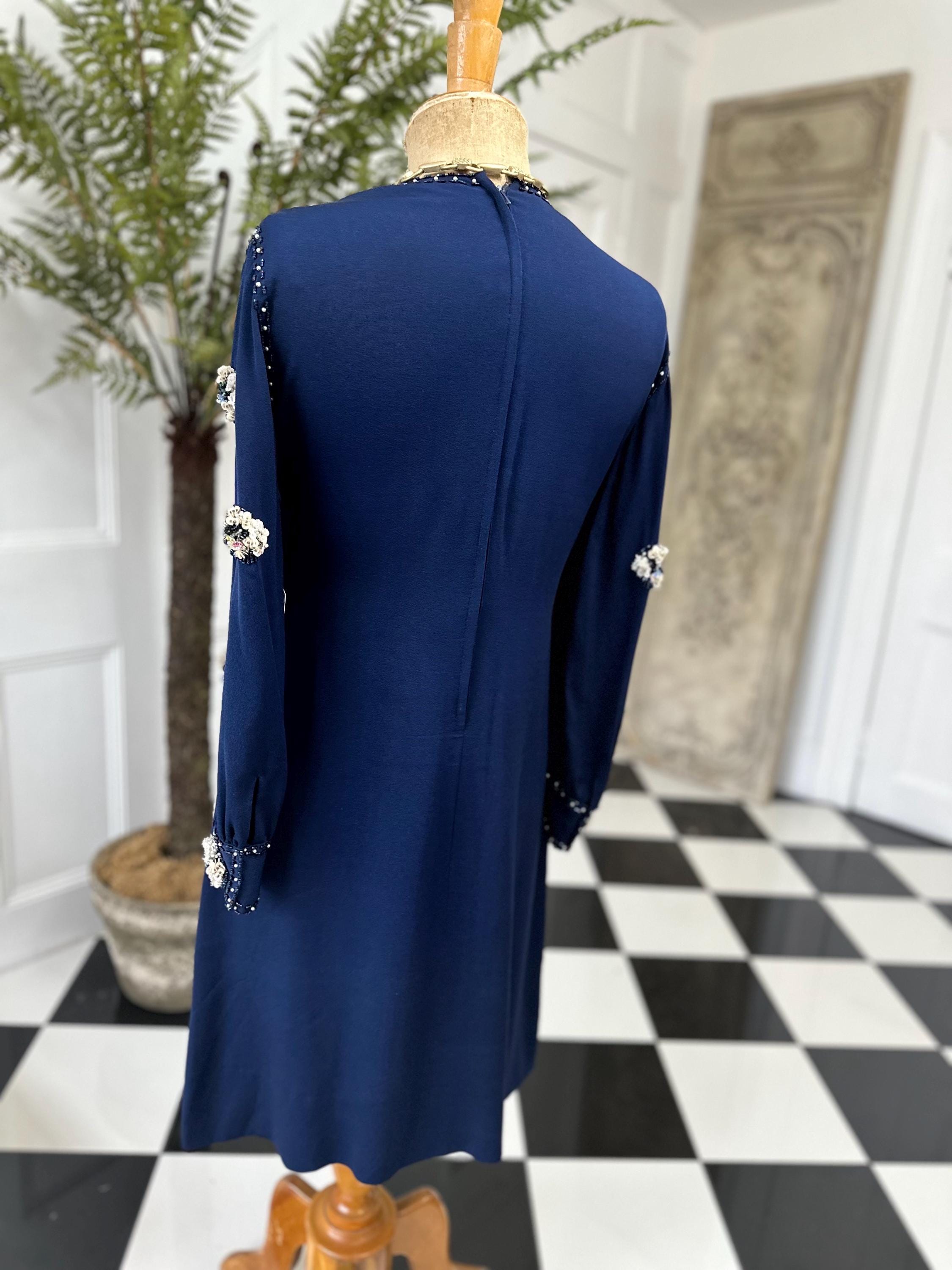 1970s Navy blue silk sequin and beaded knee length evening dress