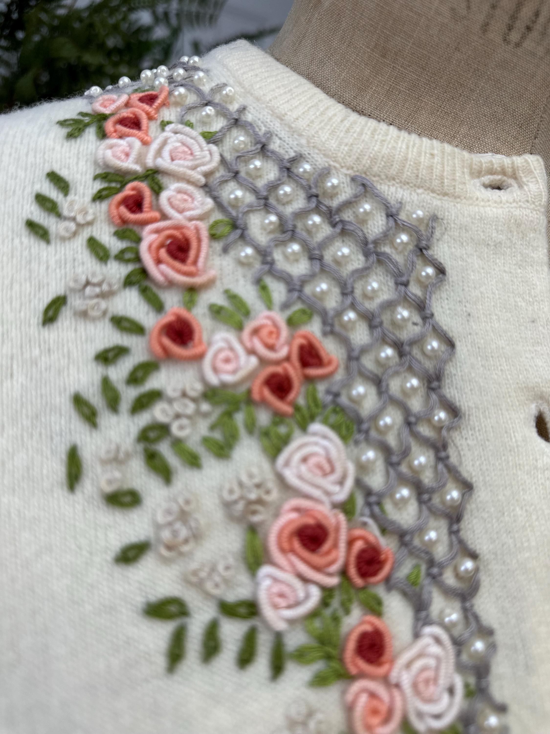 1950s Cream wool embroidery and pearl details