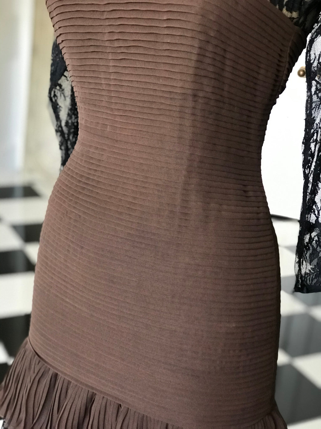 Designer 1980s Oscar de la Renta silk brown and black lace dress