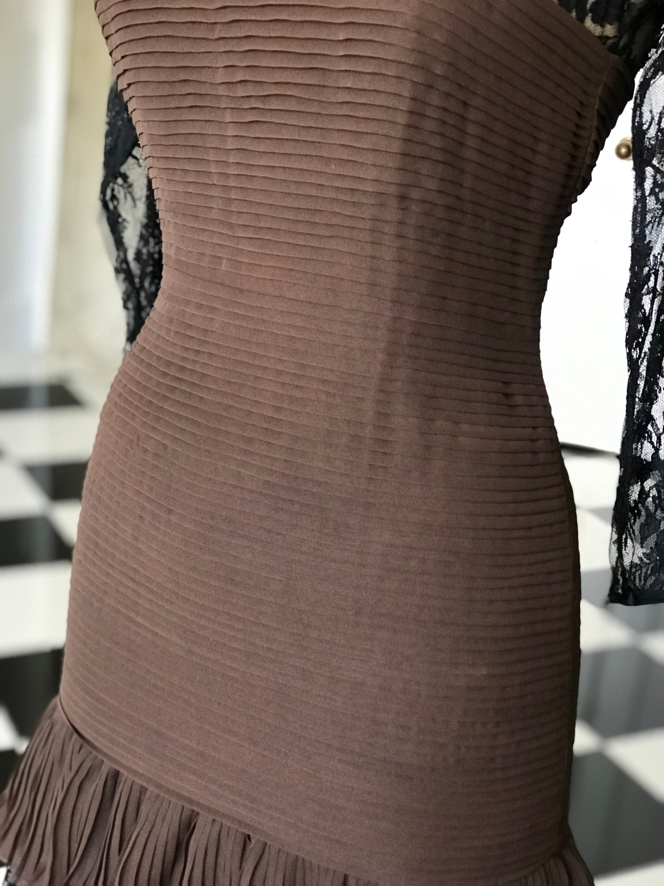 Designer 1980s Oscar de la Renta silk brown and black lace dress