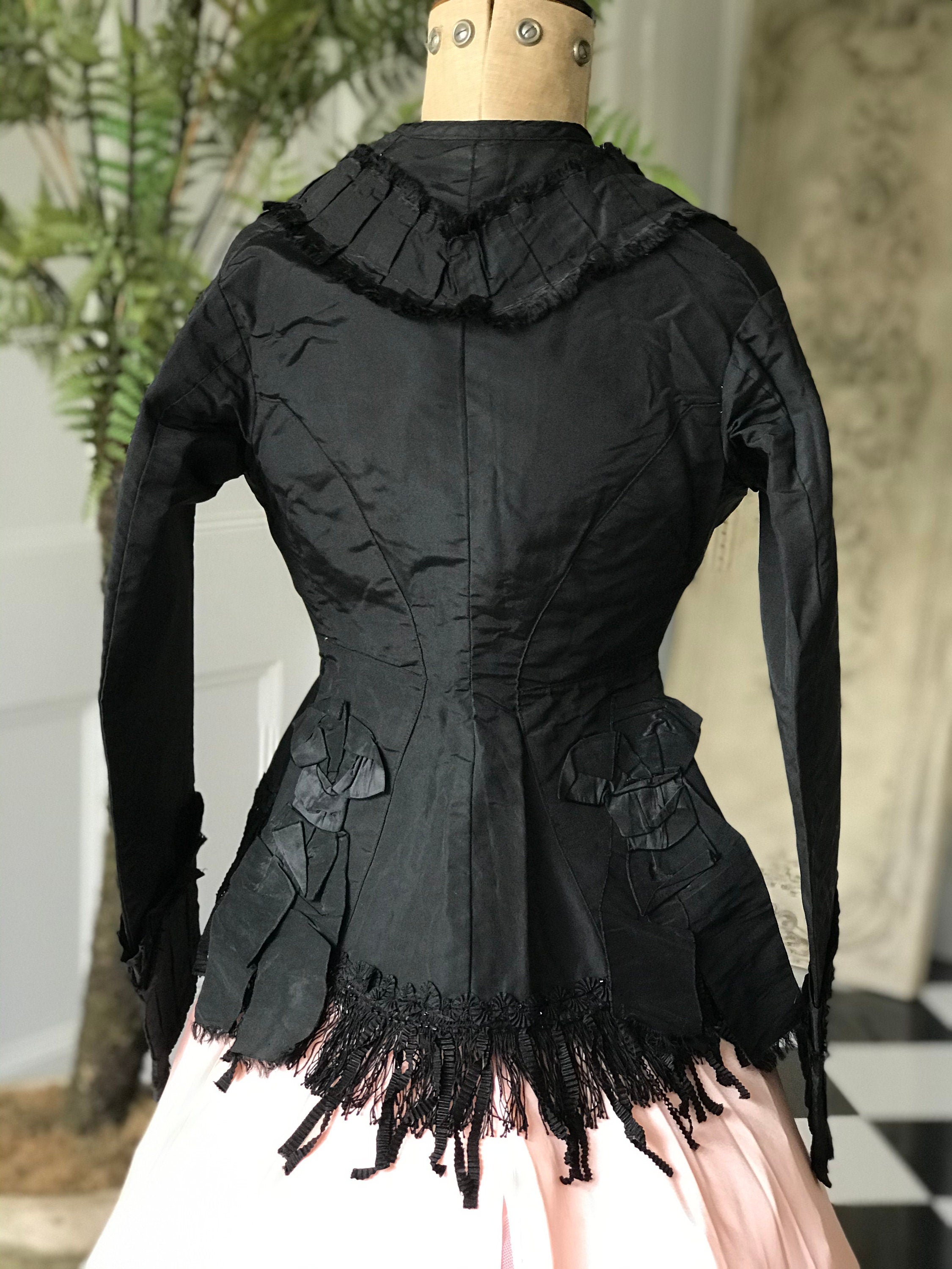 1860s Victorian Black Silk Bodice Jacket with Passementerie