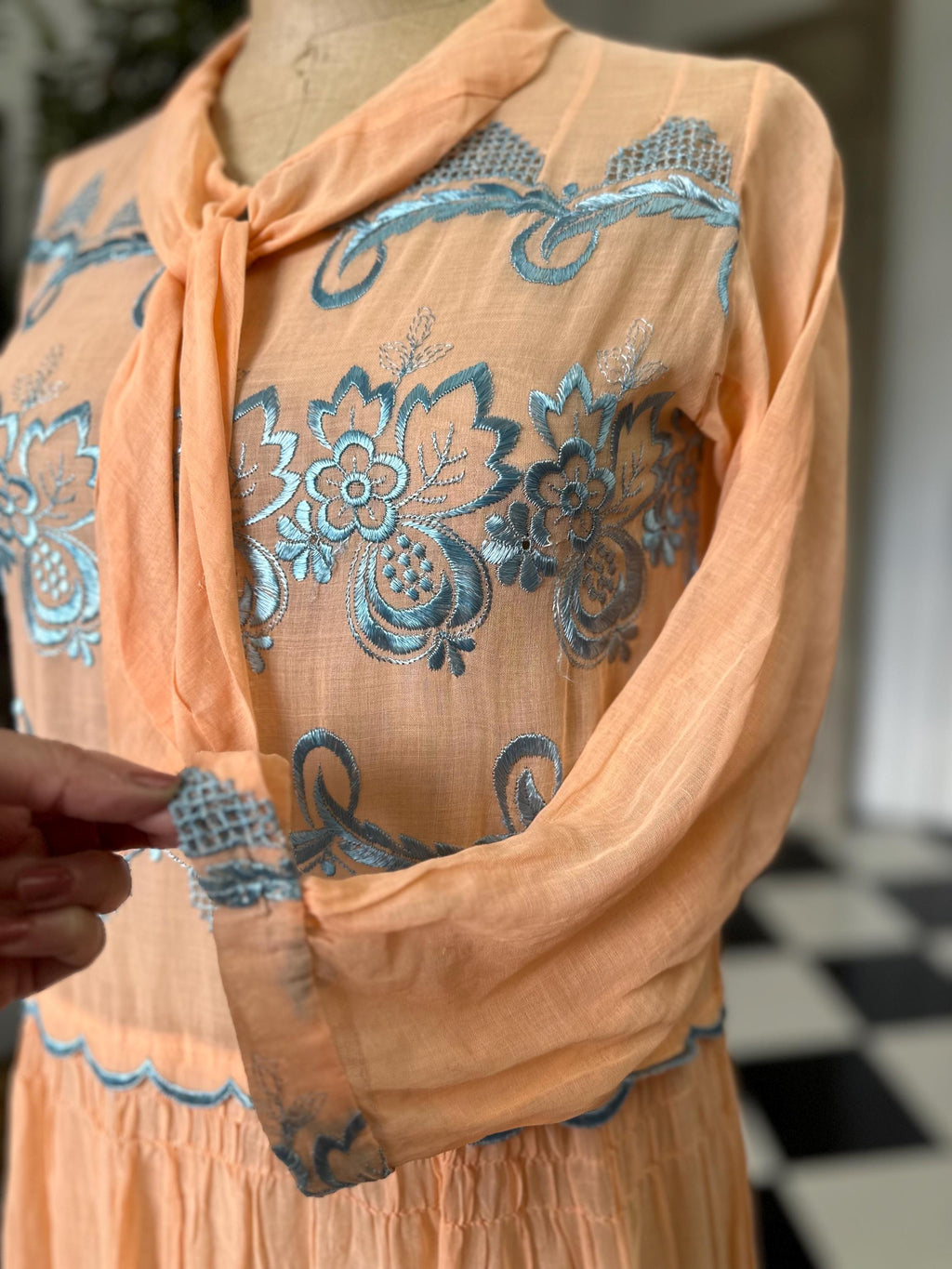 1920s day dress in Peach muslin with silk floss embroidery