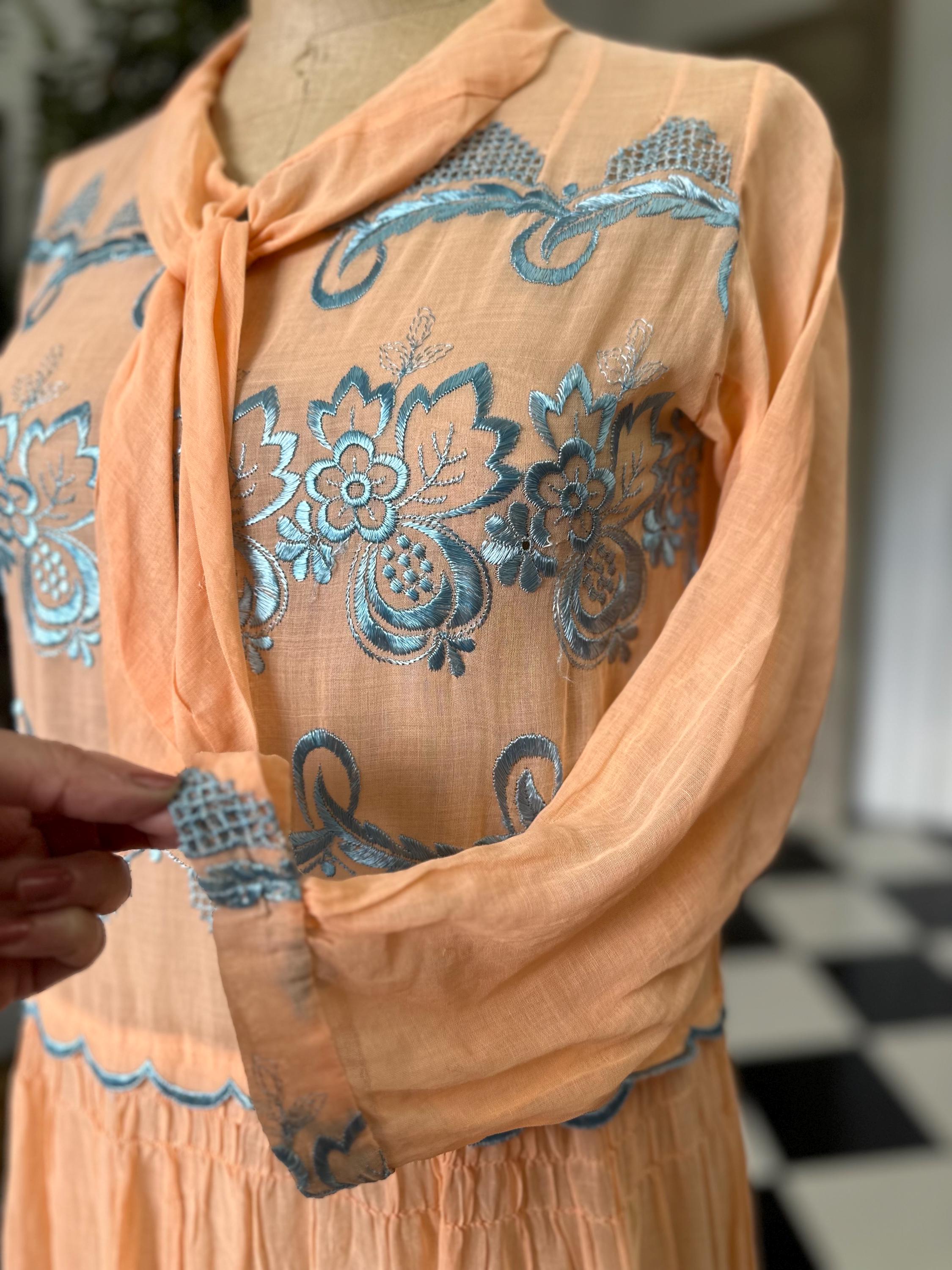 1920s day dress in Peach muslin with silk floss embroidery
