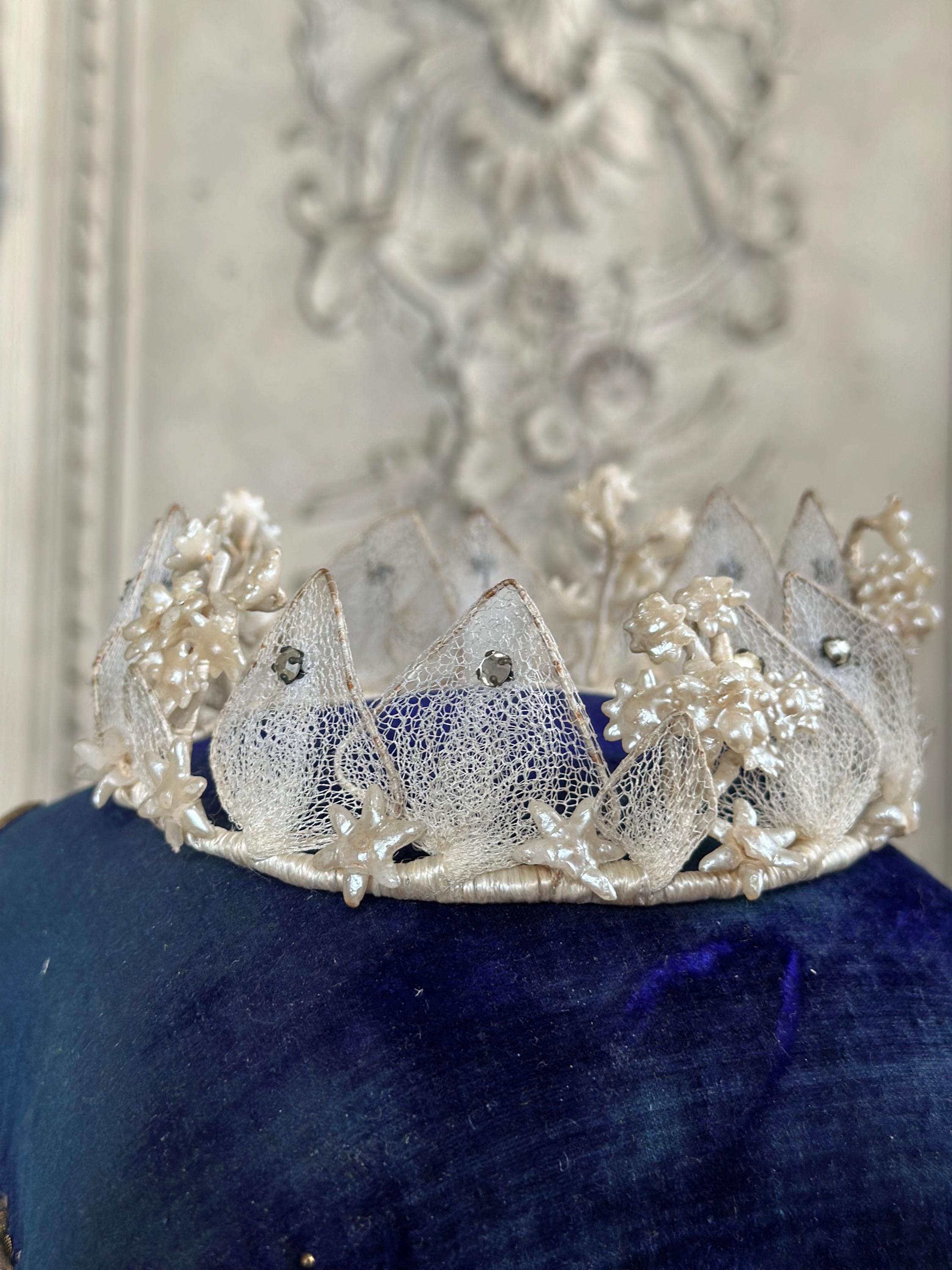 Antique 1940s  Floral Wax Tiara with tulle