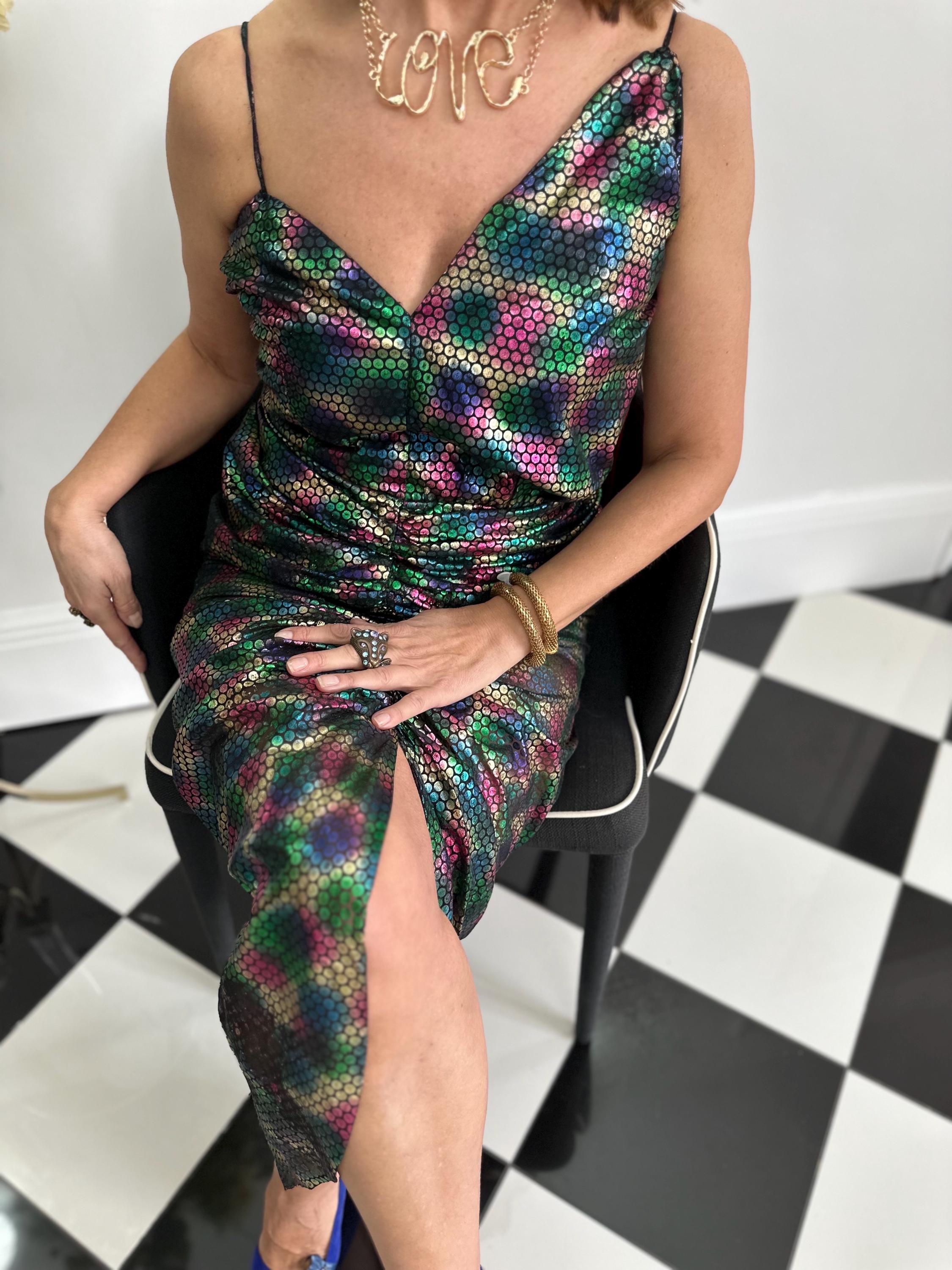 1980s vintage iridescent mermaid scale ruched cocktail  dress