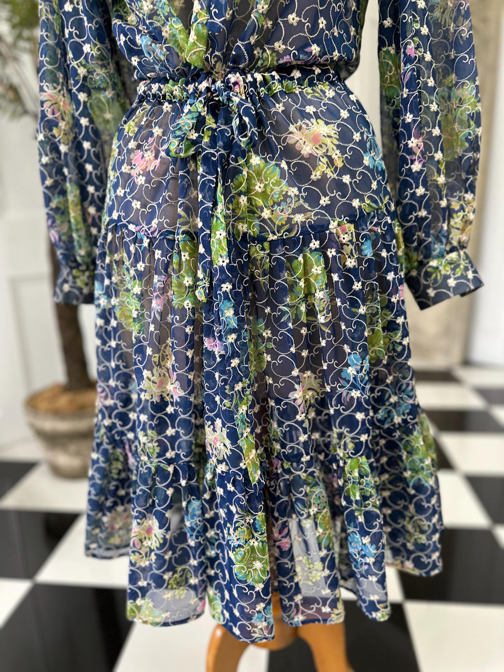 1970s Vintage Organdie Dress: Blue Green Floral Embroidered Long Sleeve