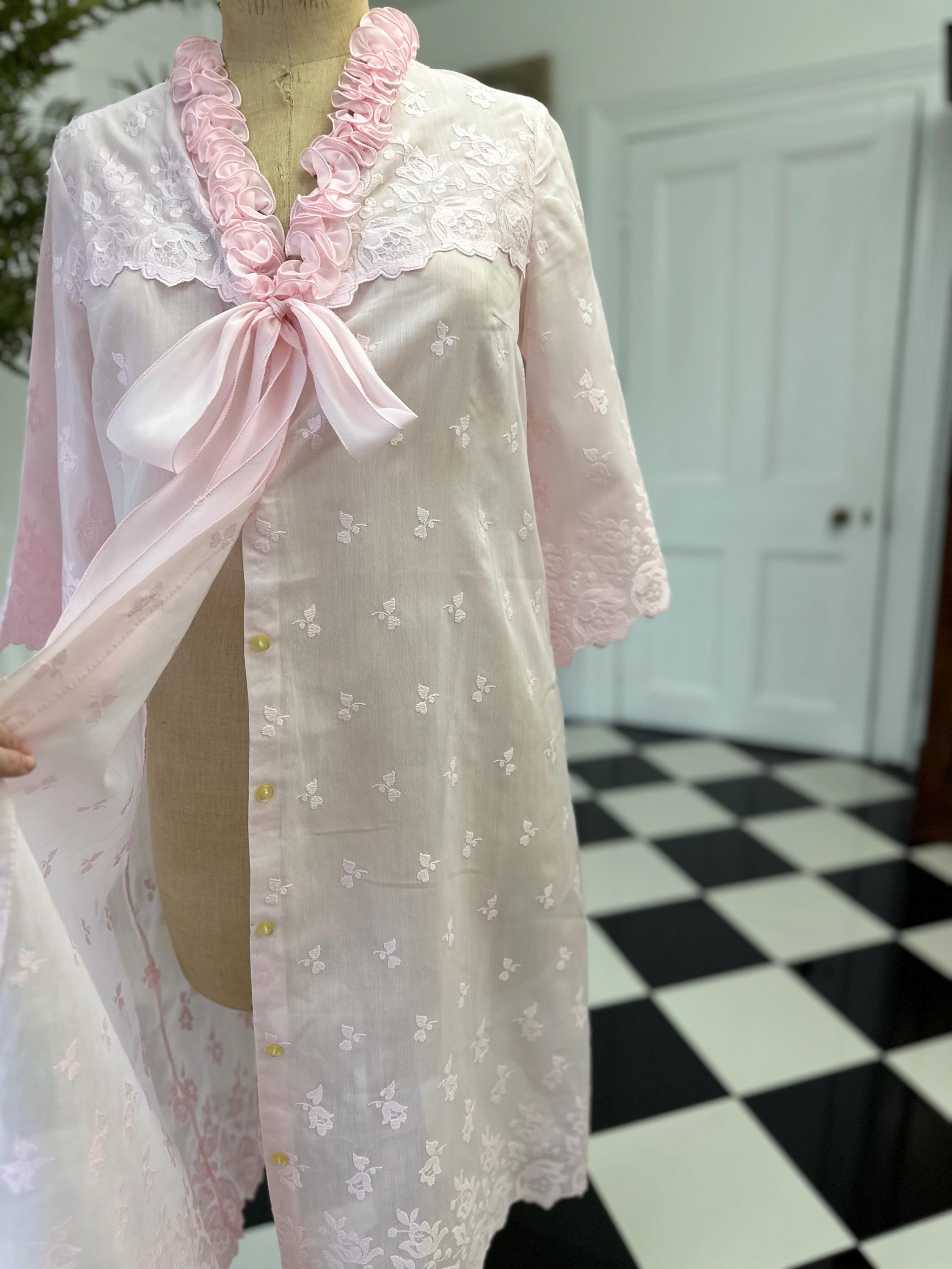 Vintage 1970 Pink Babydoll Gown Playful Ruffles Floral Embroidery
