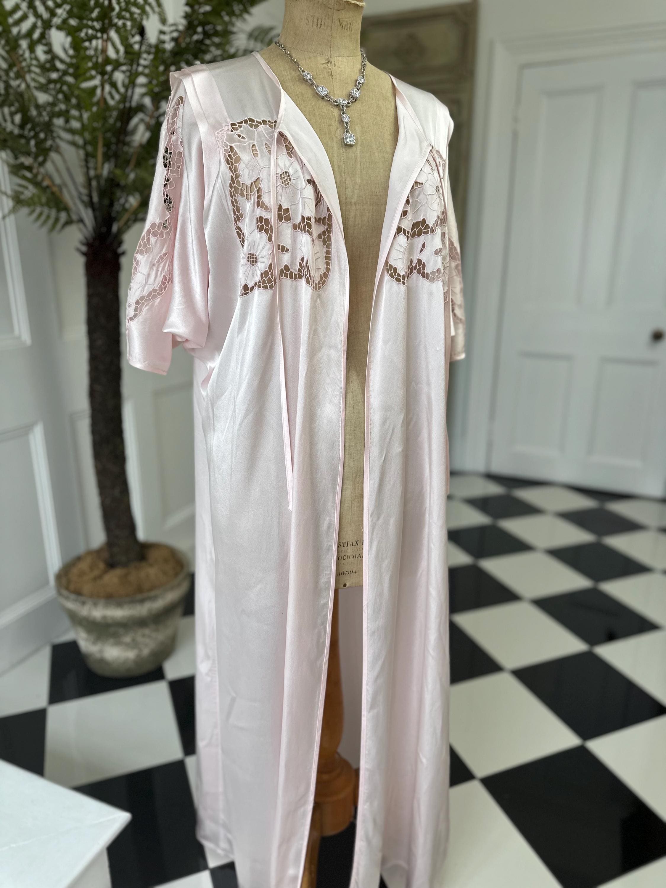 1970s Pink Satin dressing gown with Cutout Lace Loungewear