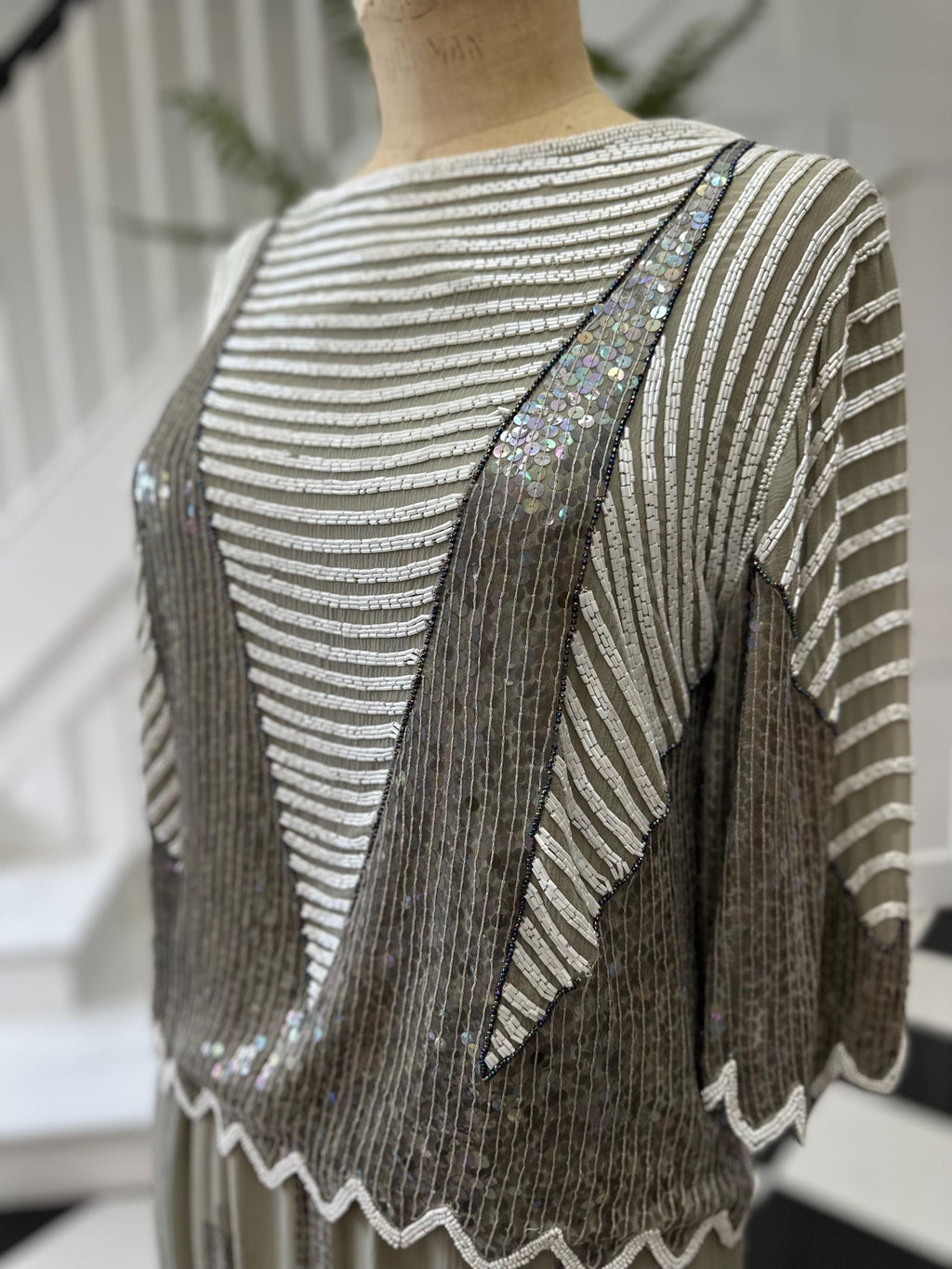Vintage sage green and white sequin top and skirt