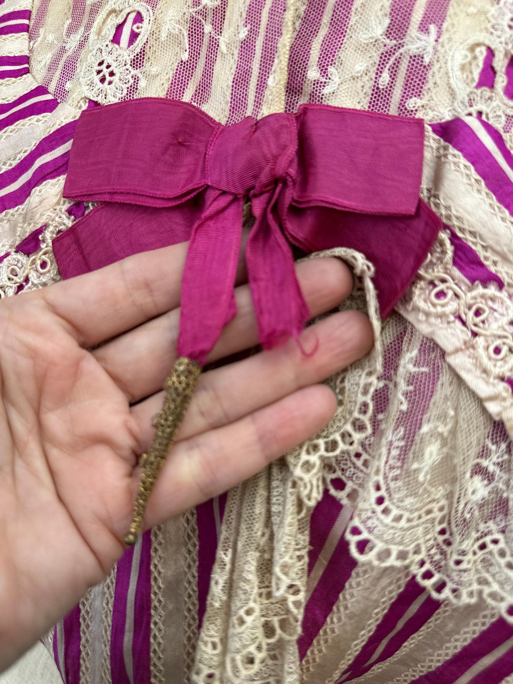 Edwardian Hot Pink Striped Silk Bodice with Lace