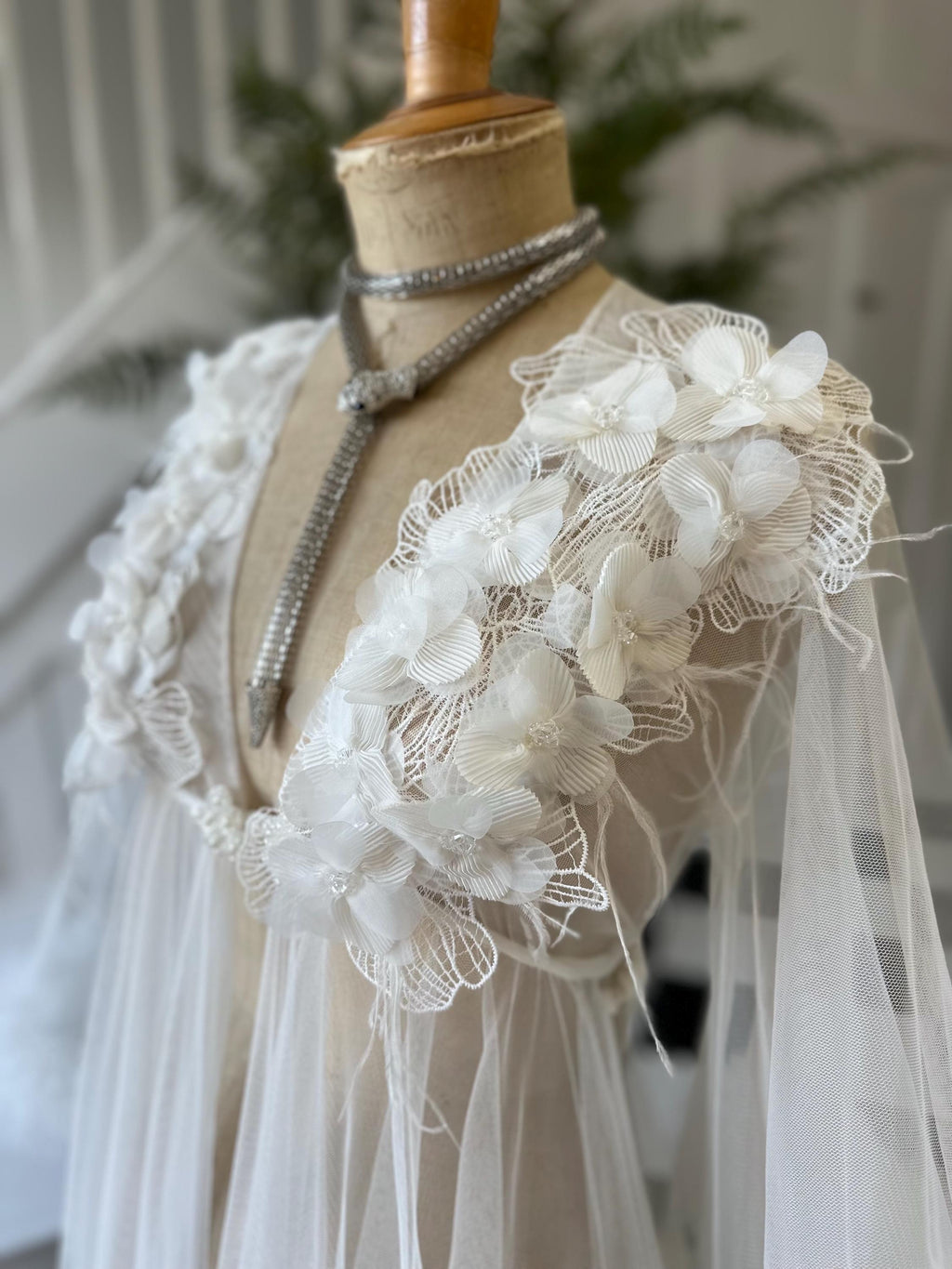 The Aurelia applique 3D floral tulle couture robe with voluminous ruffle sleeves