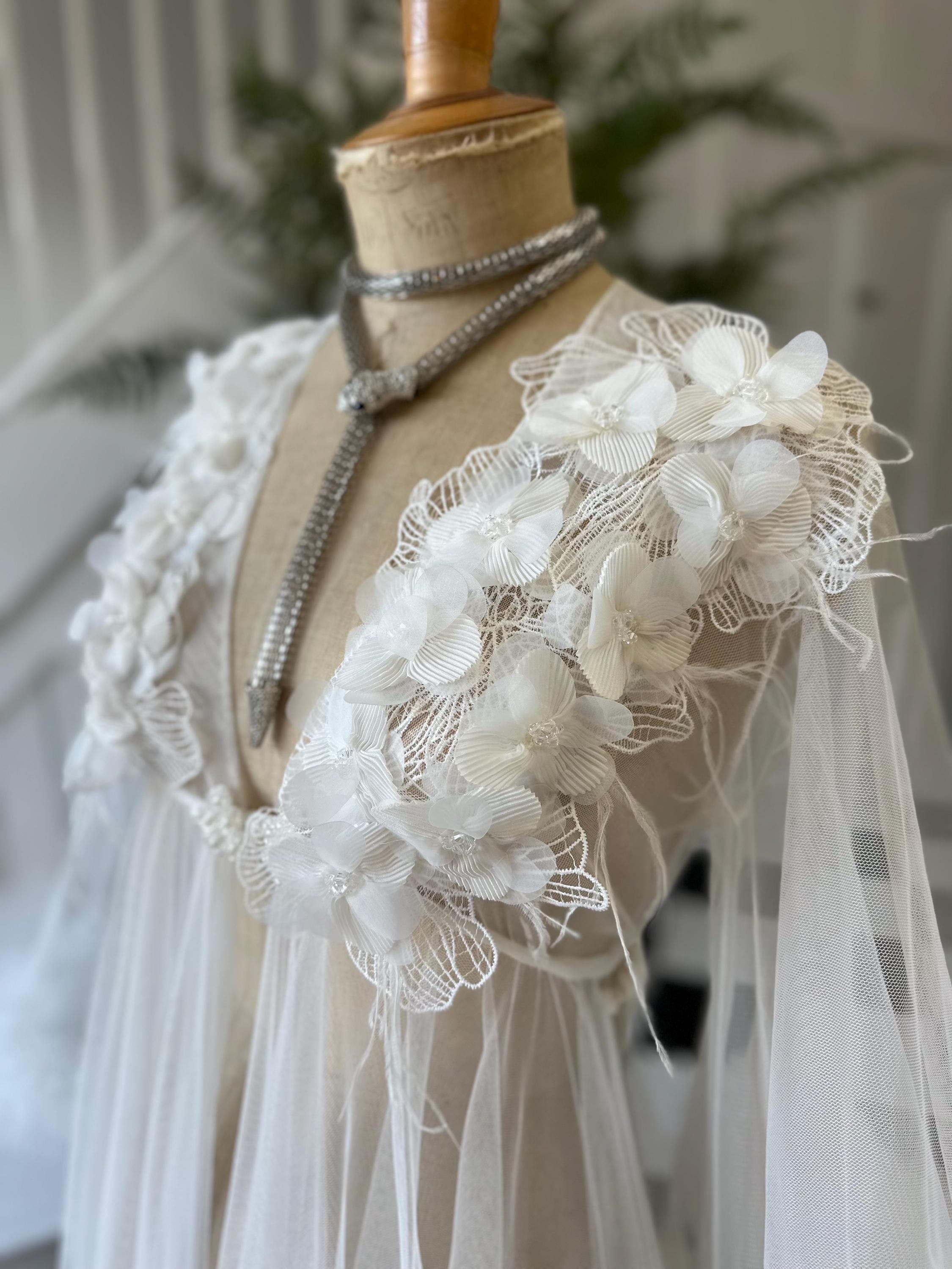 The Aurelia applique 3D floral tulle couture robe with voluminous ruffle sleeves