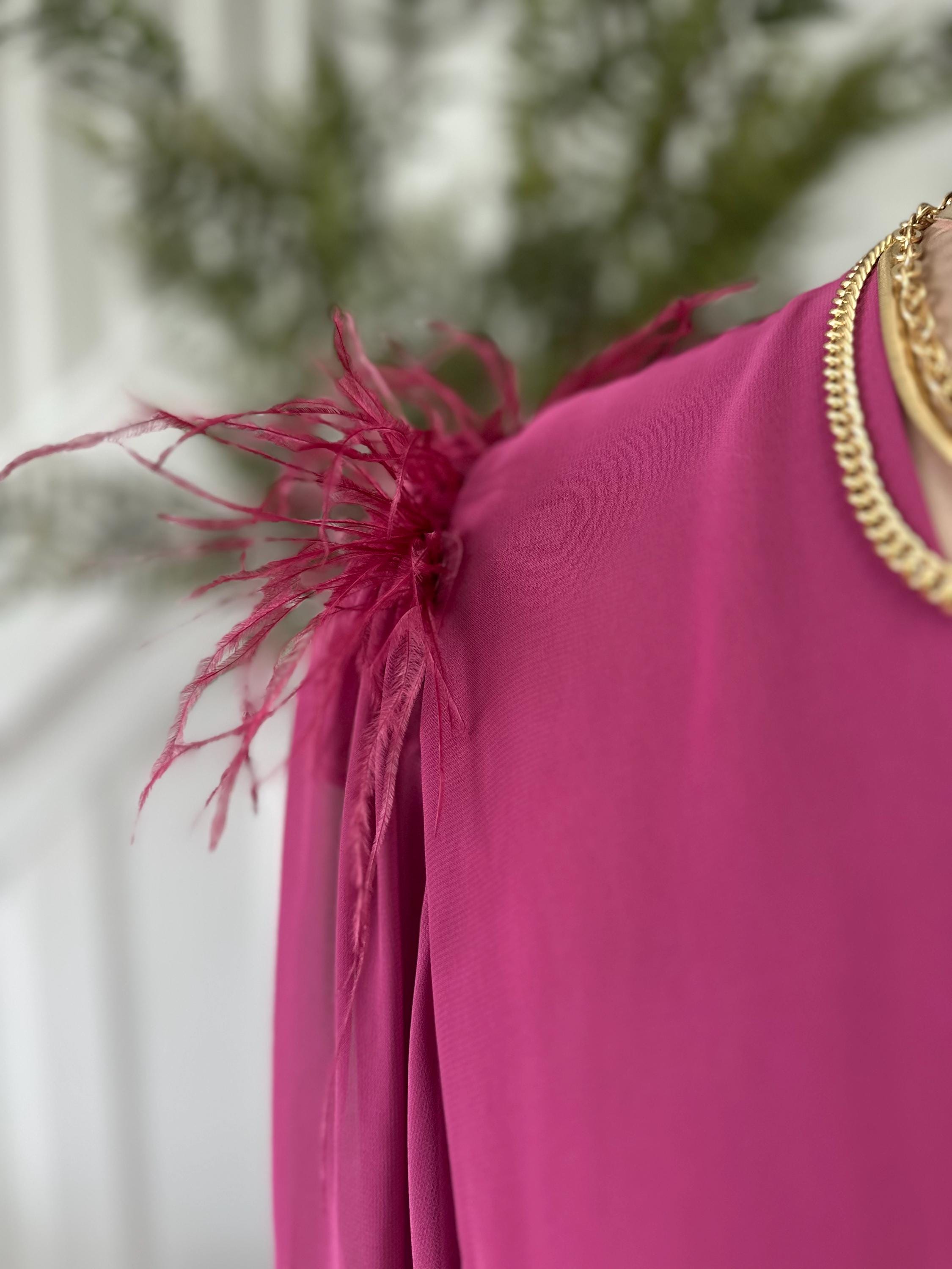 Vintage 1940s style pink maxi gown robe with ostrich feather