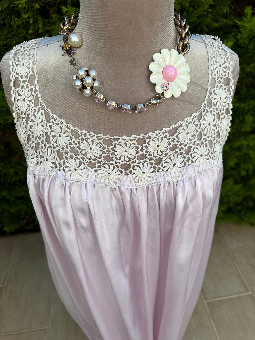 1940s lilac slip dress with fine hand crochet lace top details