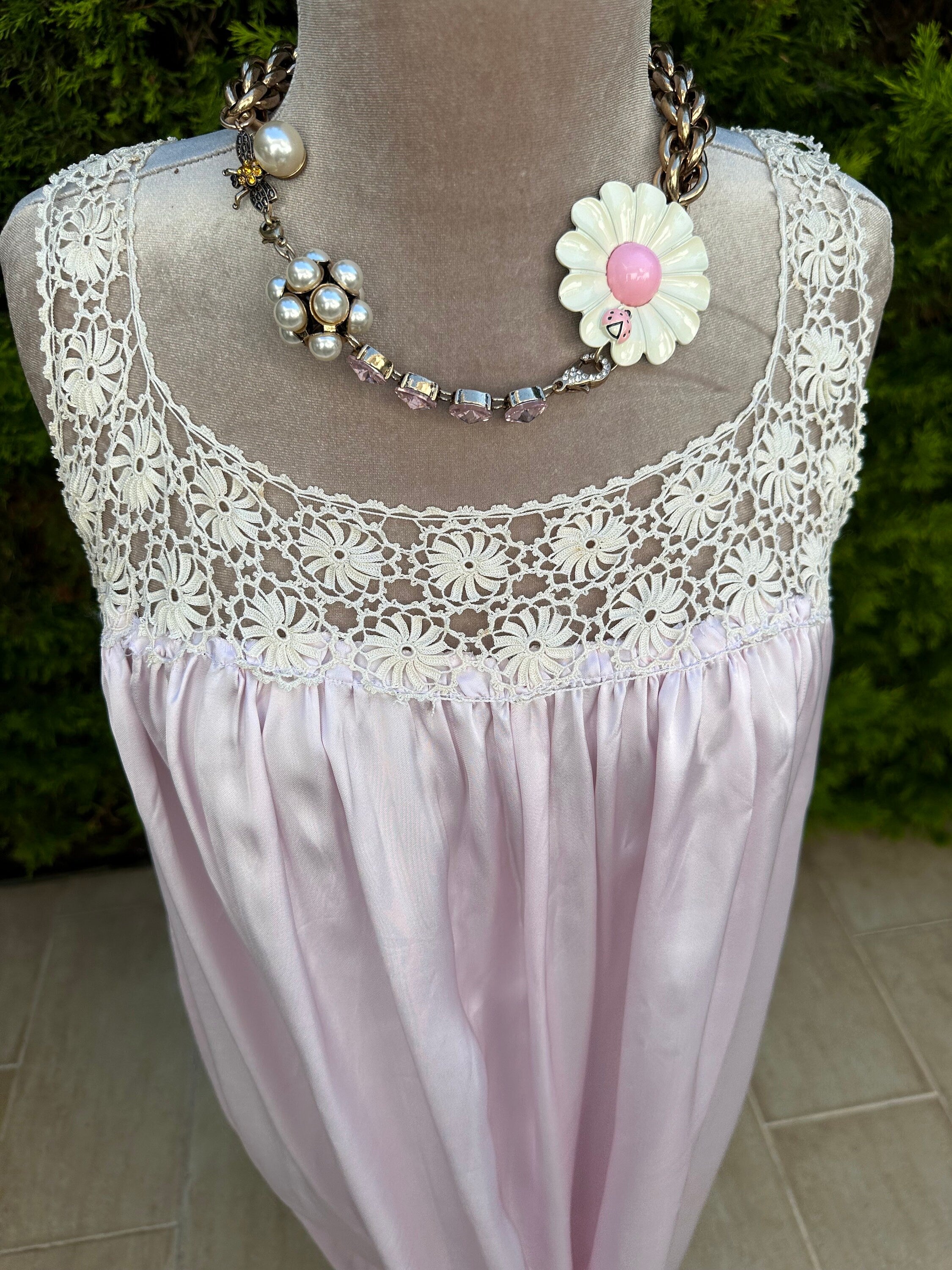 1940s lilac slip dress with fine hand crochet lace top details