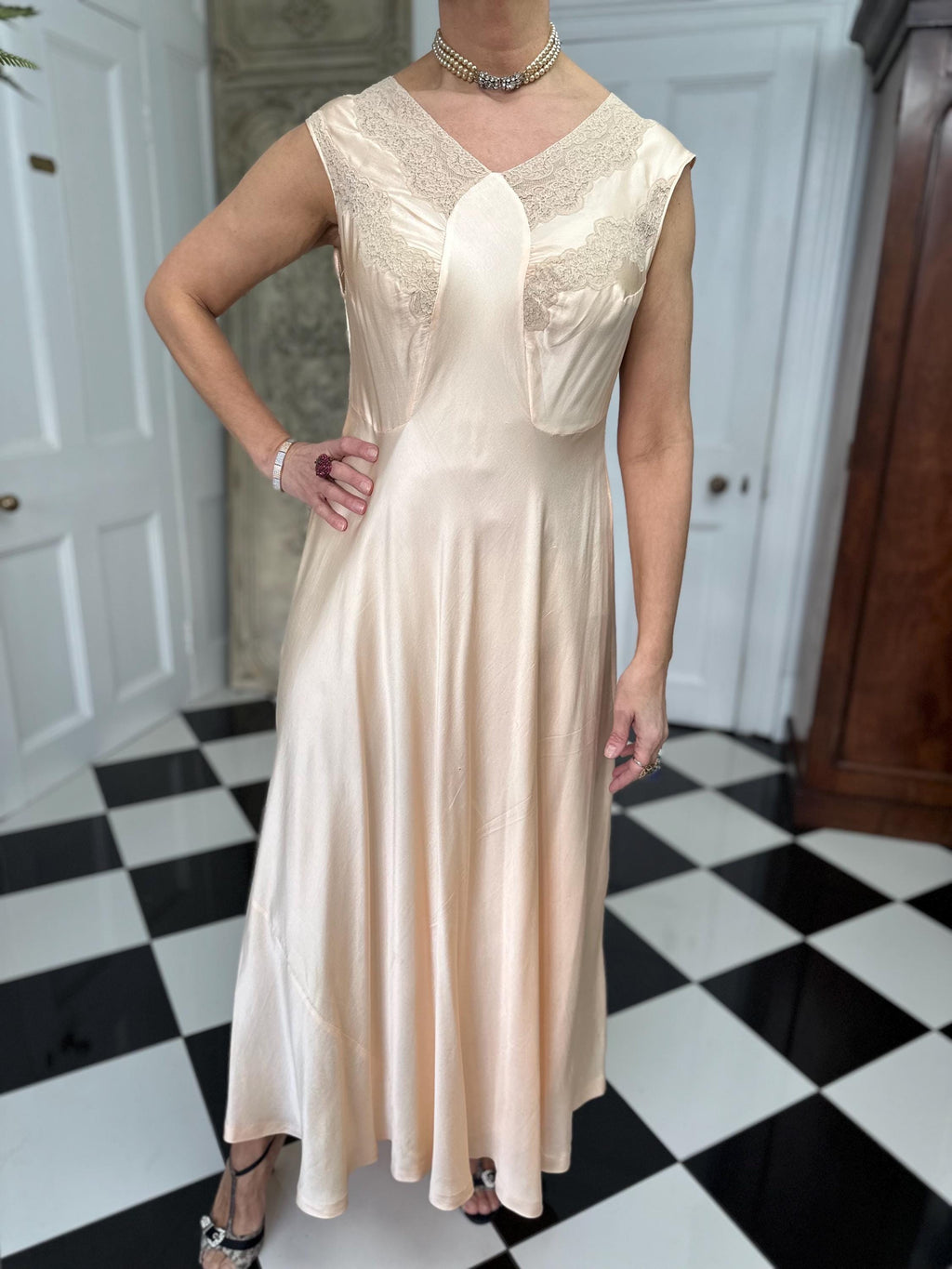 1930s silk and lace long slip dress in peach