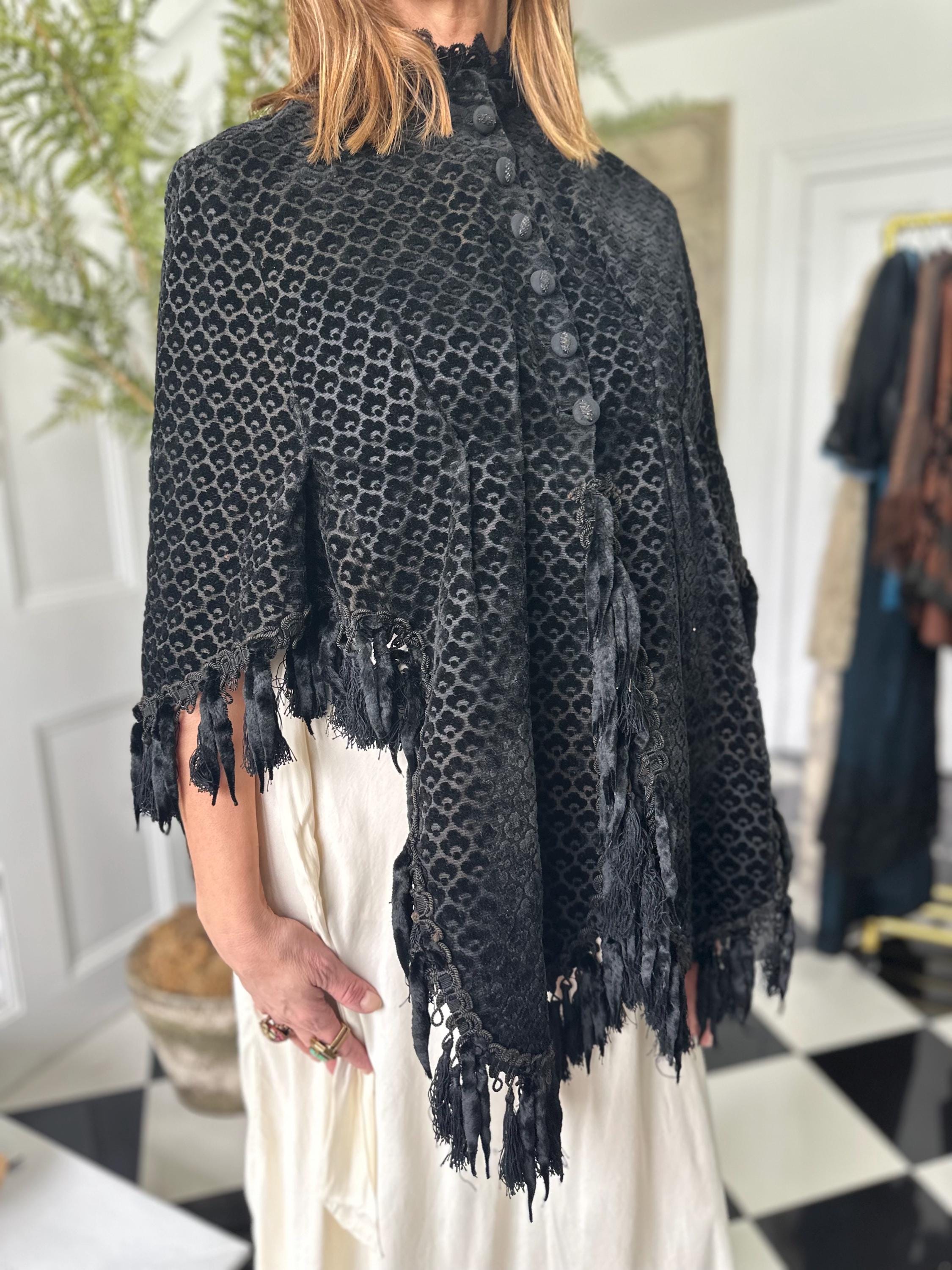 Exquisite 1860s Black Flock Velvet Dolman Cape