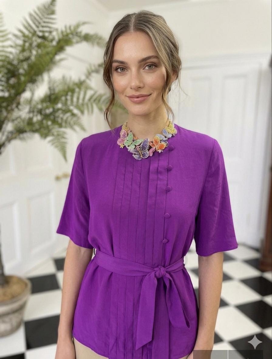 Vintage Deep Purple Silk Blouse with silk belt