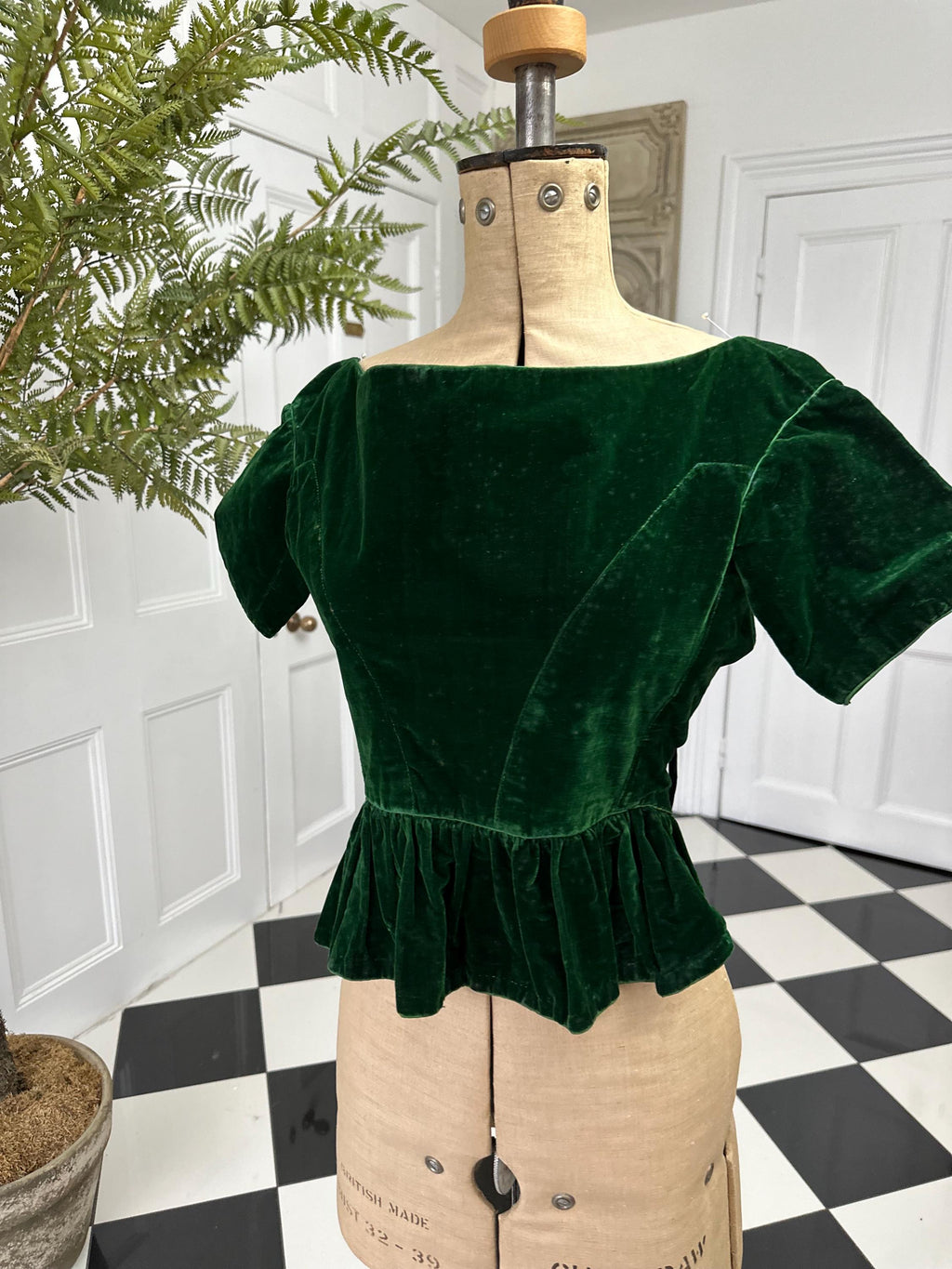 1860s Emerald Green Velvet Bodice Corset: Antique Ribbon, Collectible
