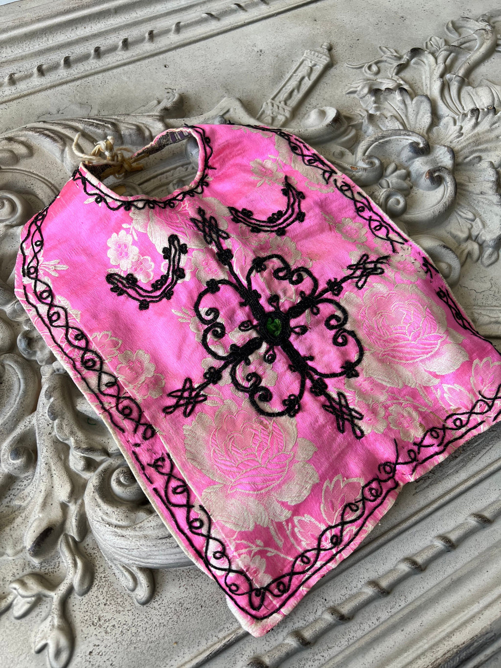 Antique Ottoman pink silk baby bib with embroidery