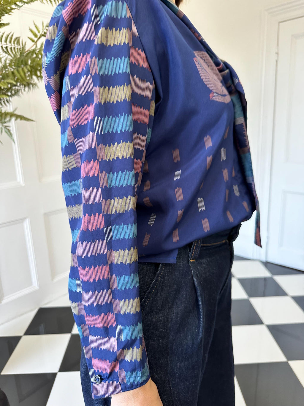 Vintage blue bussybow long sleeve blouse geometric print design