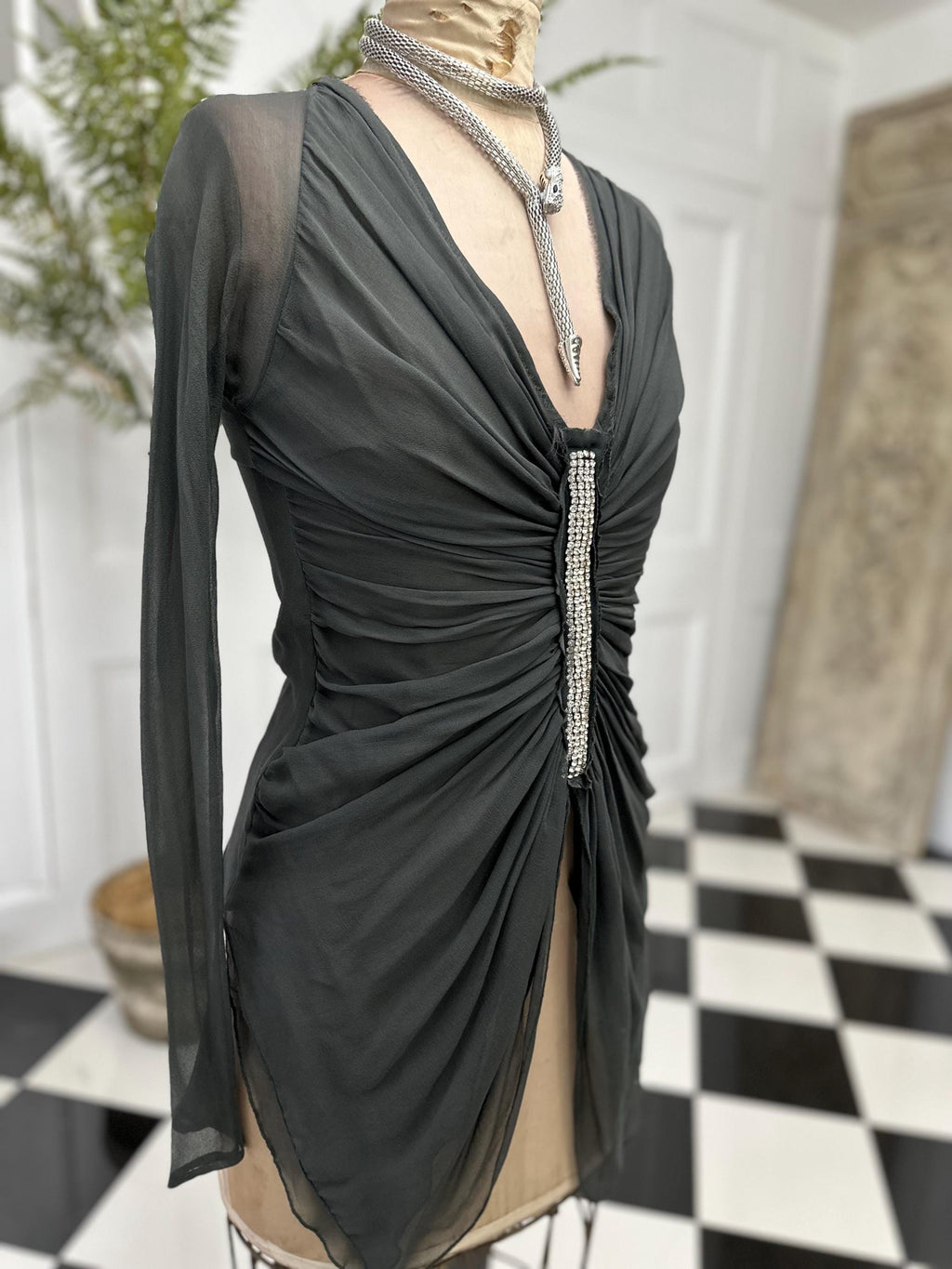 Vintage Dark Grey Silk Crepe Blouse Elegant Long Sleeve with Plunge Neckline