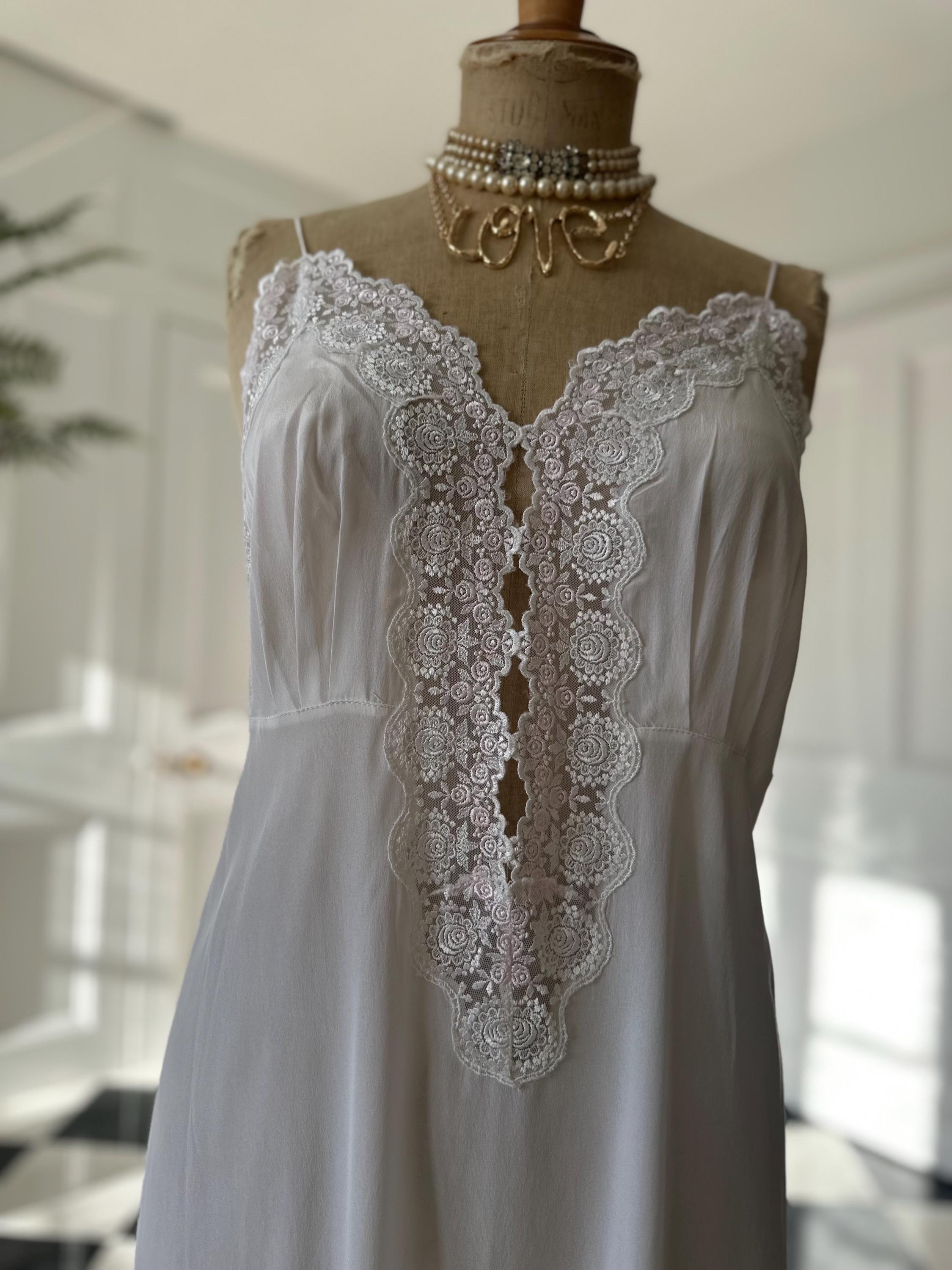 Vintage 1970s  White Silky Slip Gown | Deep V Floral Lace Inset Bridal Nightgown